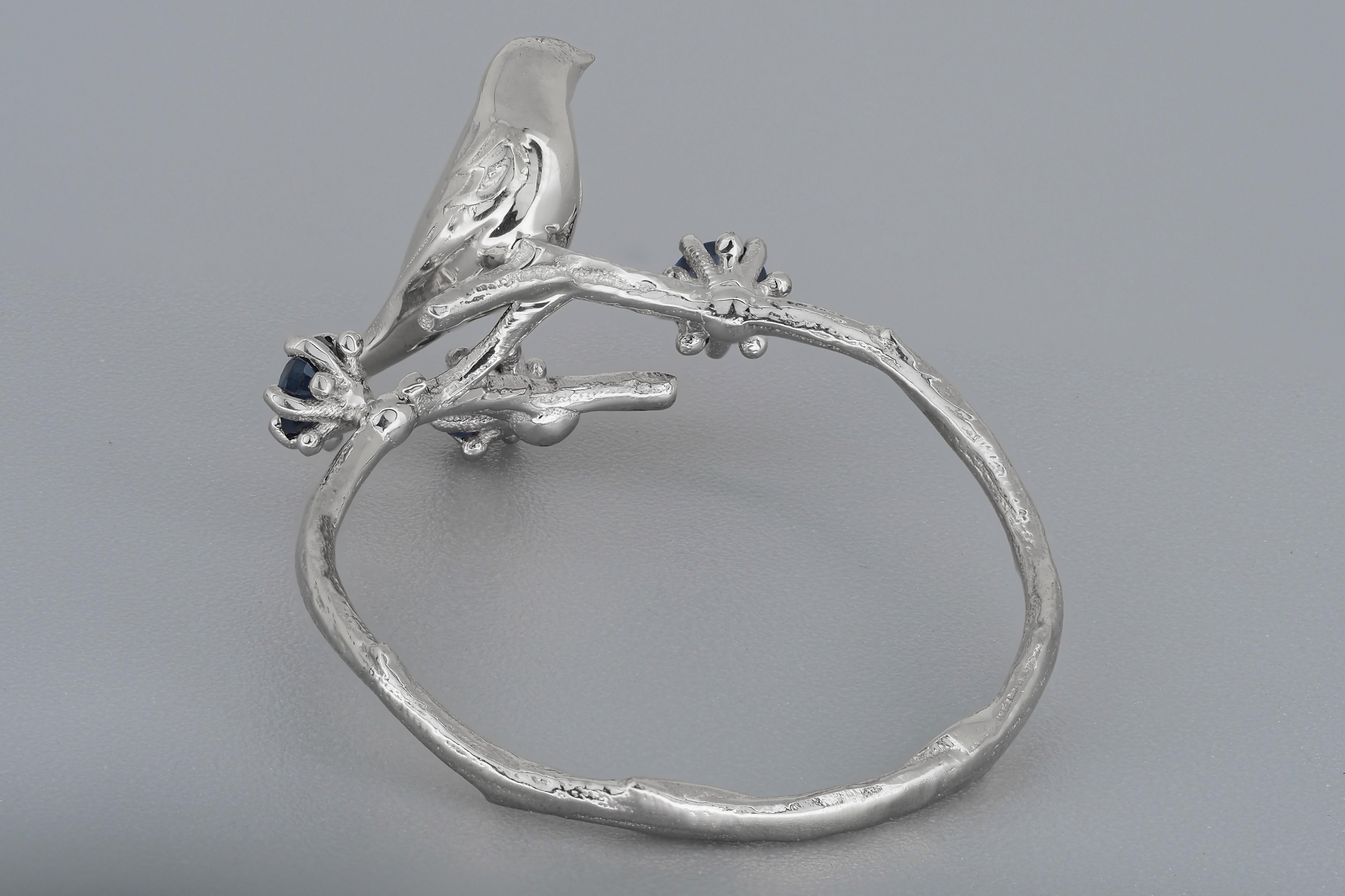 For Sale:  14k Gold Bird on Branch Ring with Sapphires 7