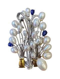 14K Gold Biwa Pearl, Lapis & Diamond Floral Spray Brooch