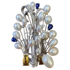 14K Gold Biwa Pearl, Lapis & Diamond Floral Spray Brooch