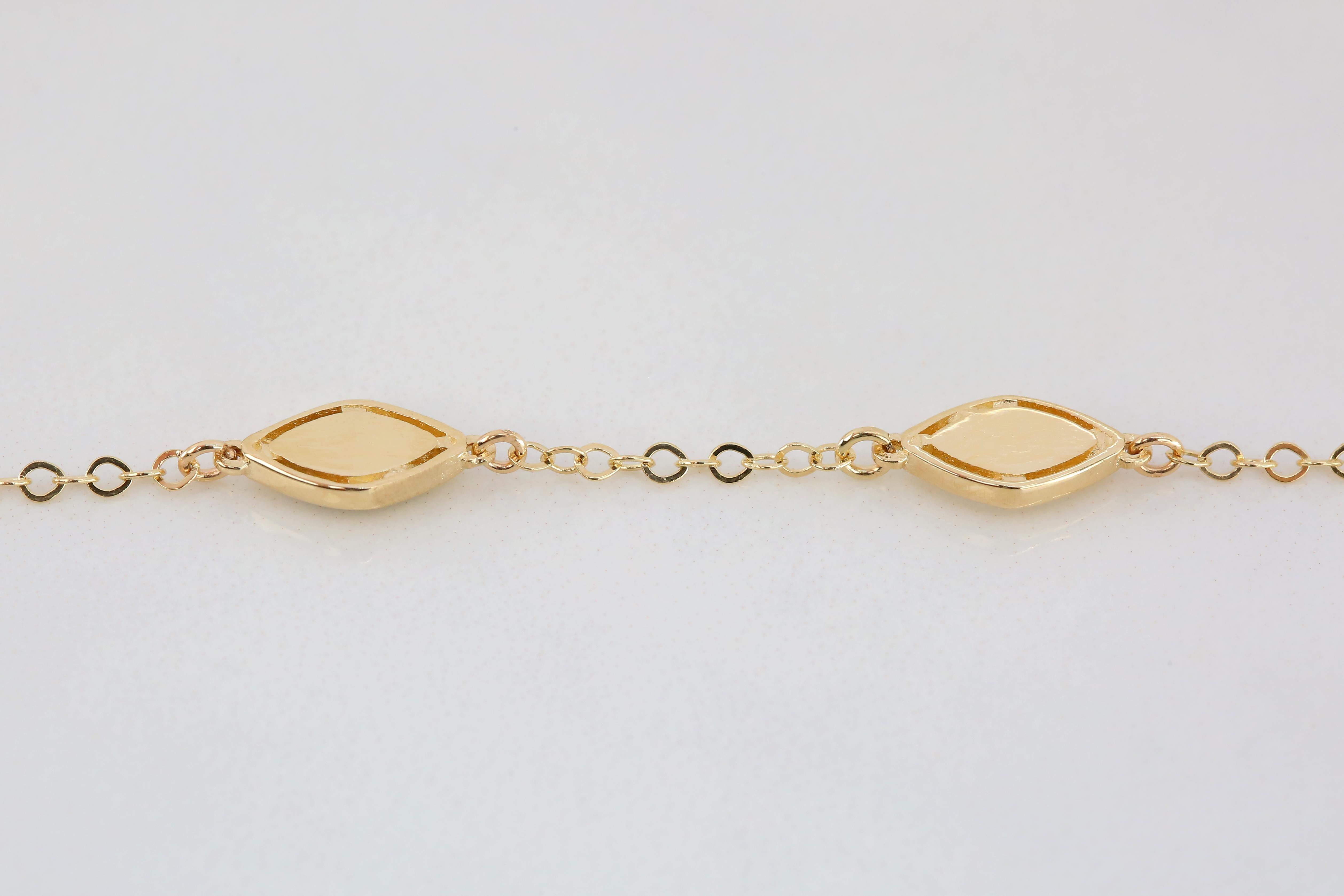 14k Gold Black and White Enameled Oval Shaped Charm Dainty Bracelet For Sale 2