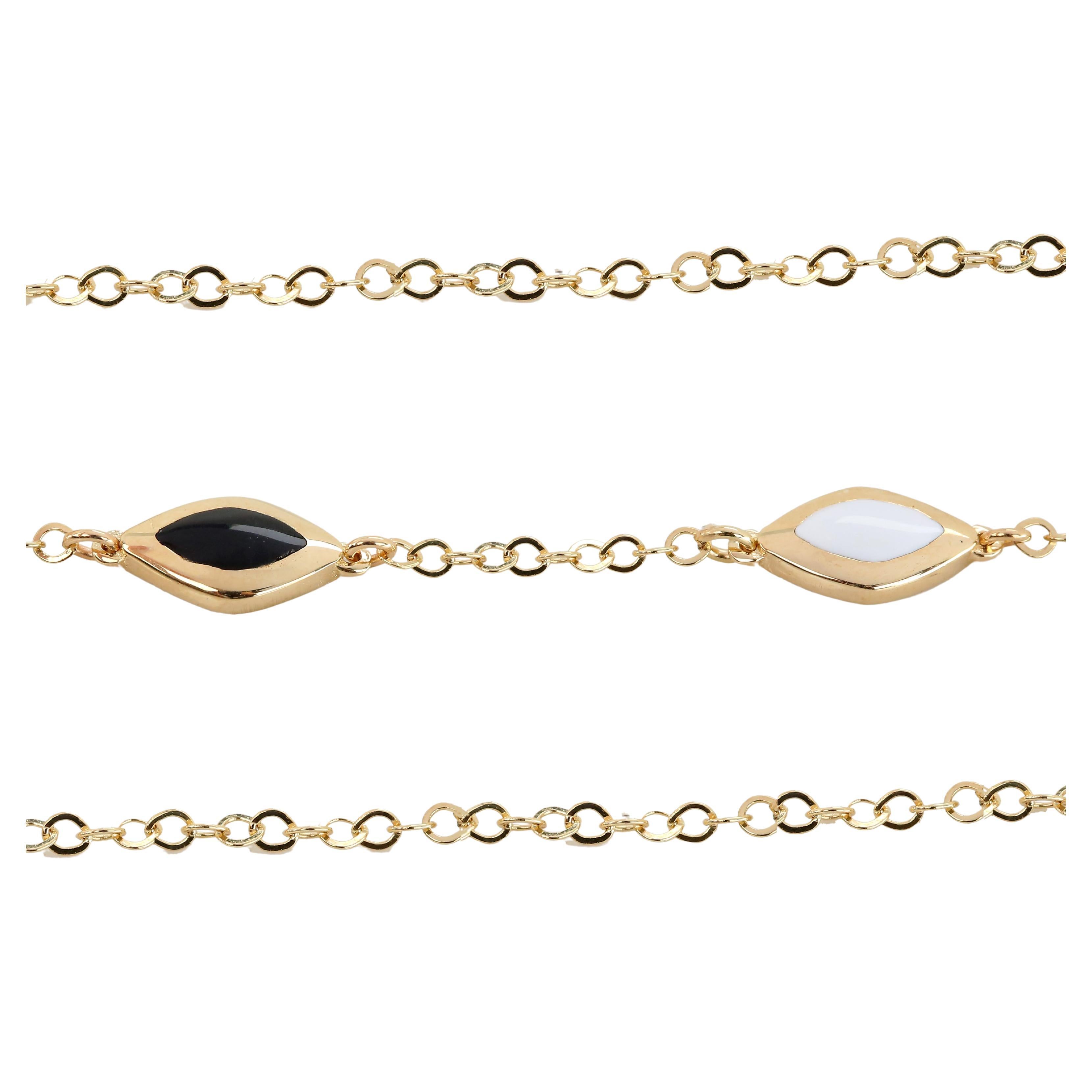 14k Gold Black and White Enameled Oval Shaped Charm Dainty Bracelet