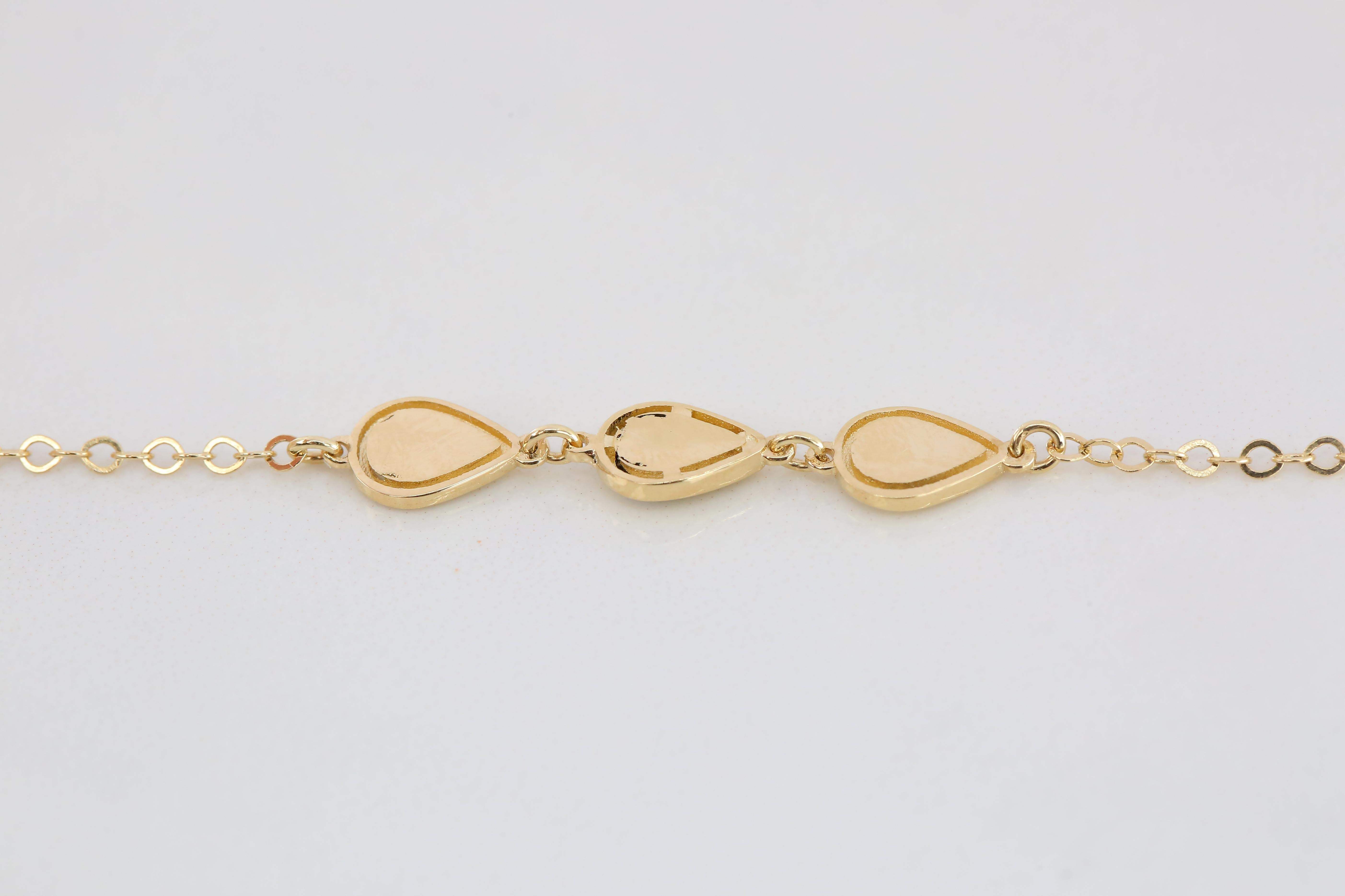 14K Gold Black and White Enameled Pear Shaped Charm Dainty Bracelet For Sale 2