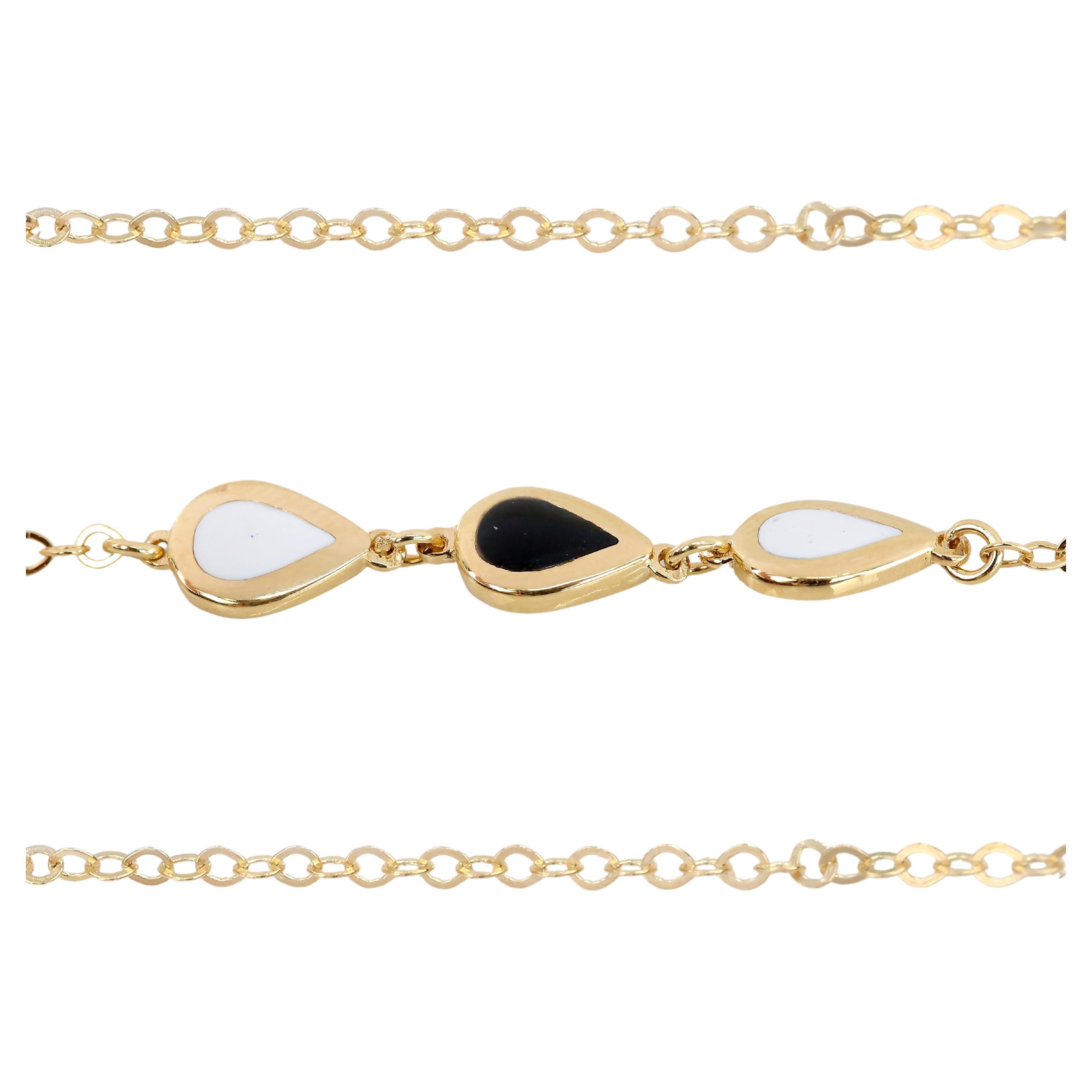 14K Gold Black and White Enameled Pear Shaped Charm Dainty Bracelet For Sale