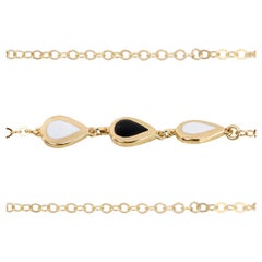 14K Gold Black and White Enameled Pear Shaped Charm Dainty Bracelet