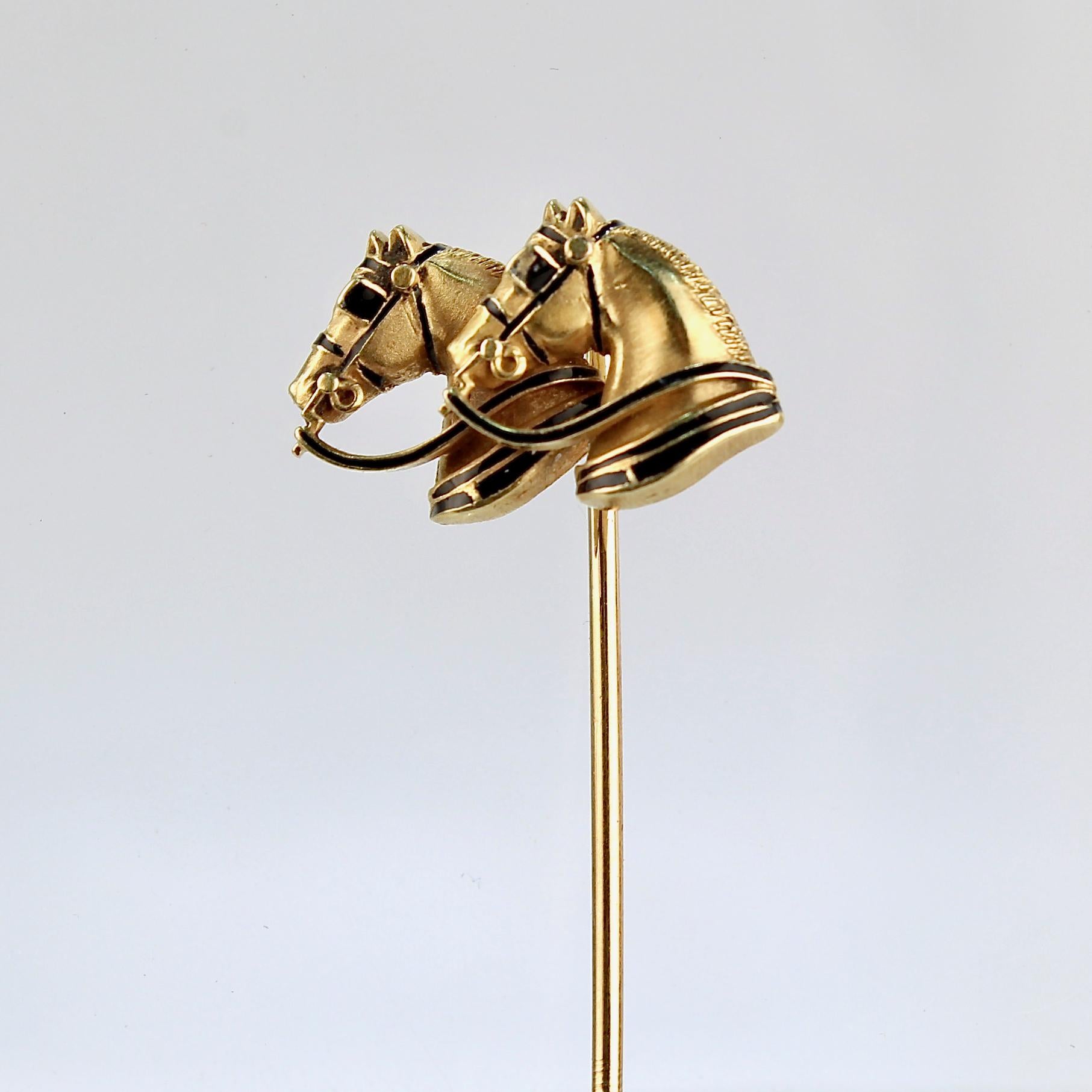 Art Deco 14 Karat Gold & Black Enamel Equestrian Stickpin with Two Horses 