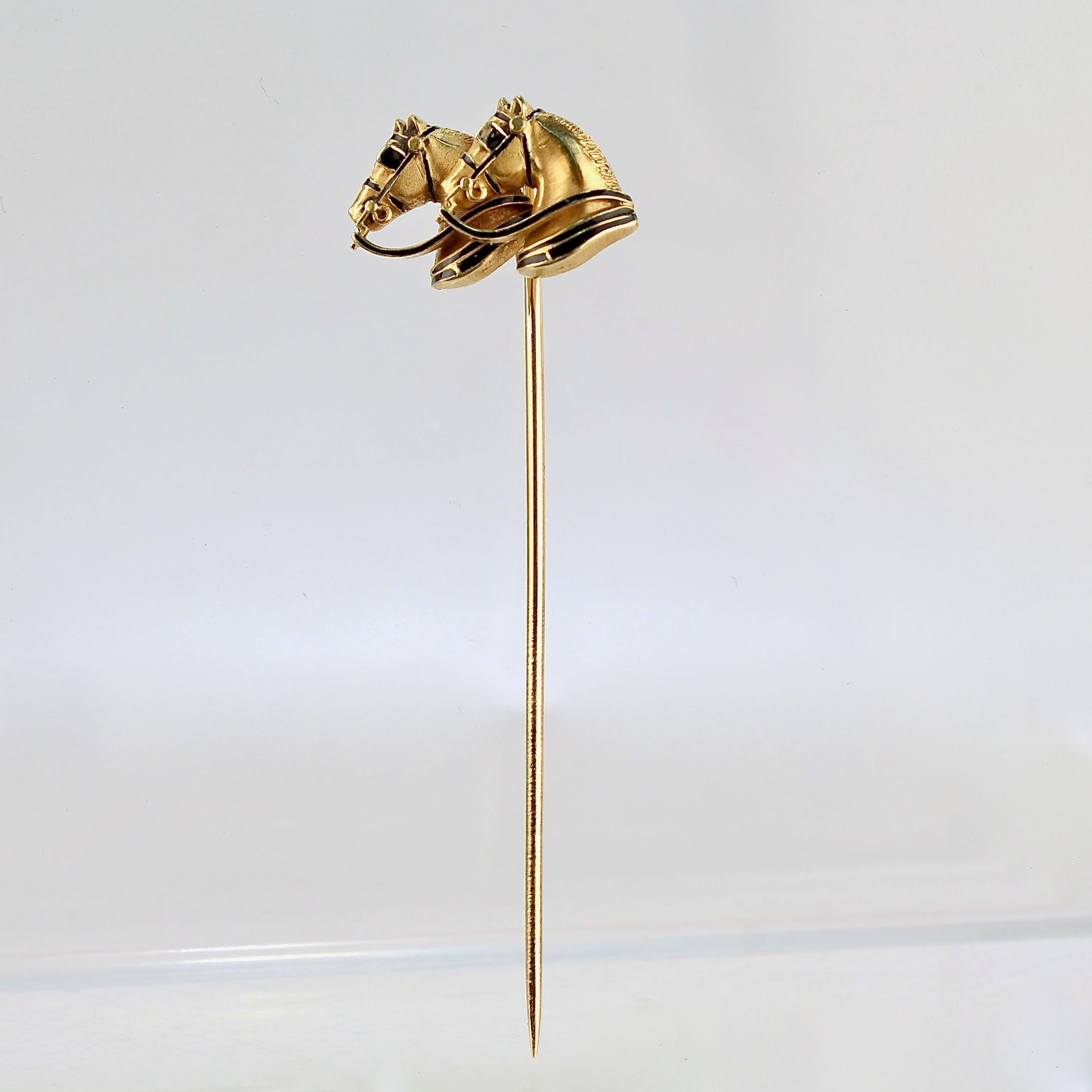 14 Karat Gold & Black Enamel Equestrian Stickpin with Two Horses  In Good Condition In Philadelphia, PA