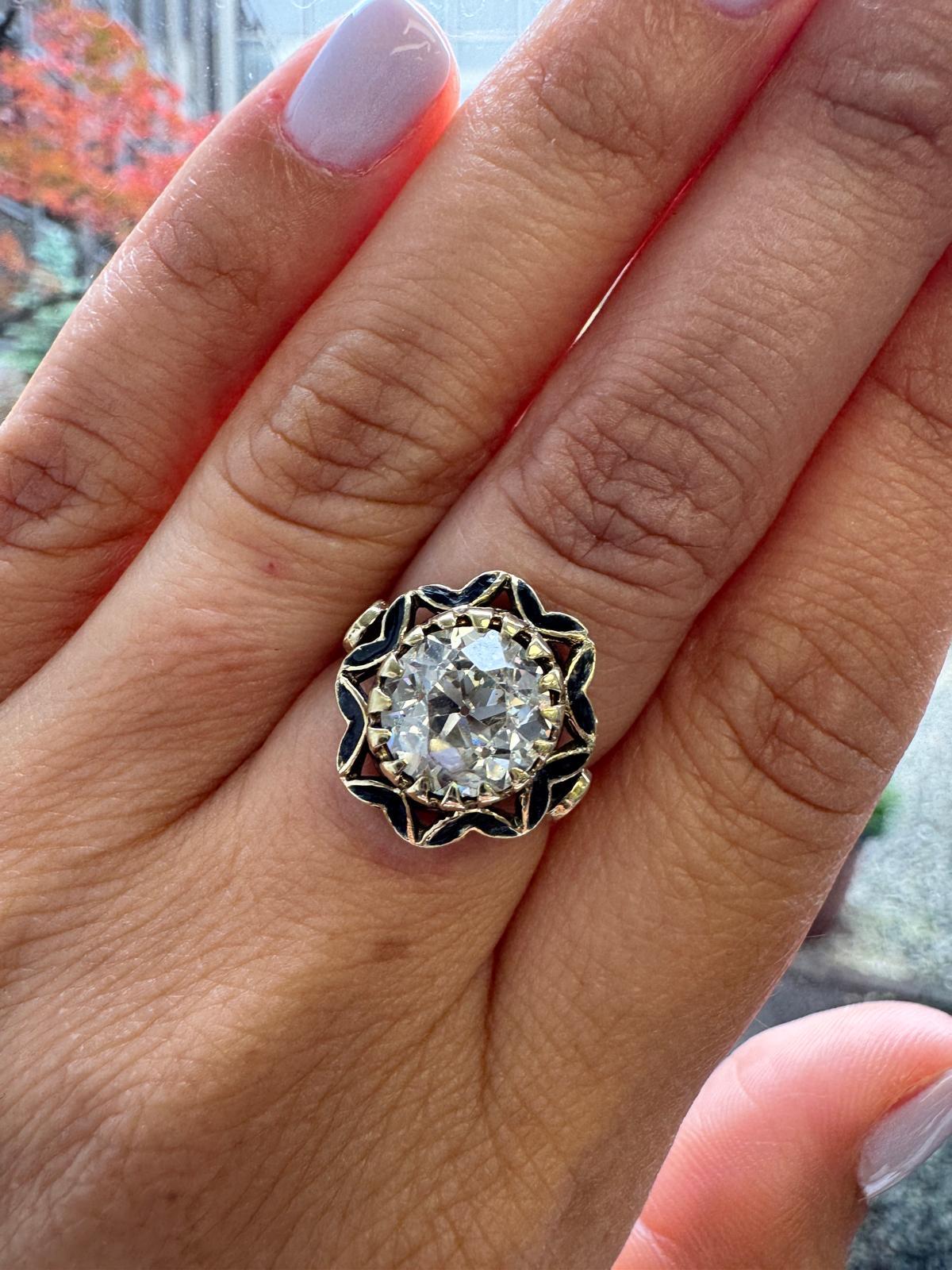 Anello in oro 14K e smalto nero con diamante taglio vecchia miniera da 2,65 carati in vendita 5