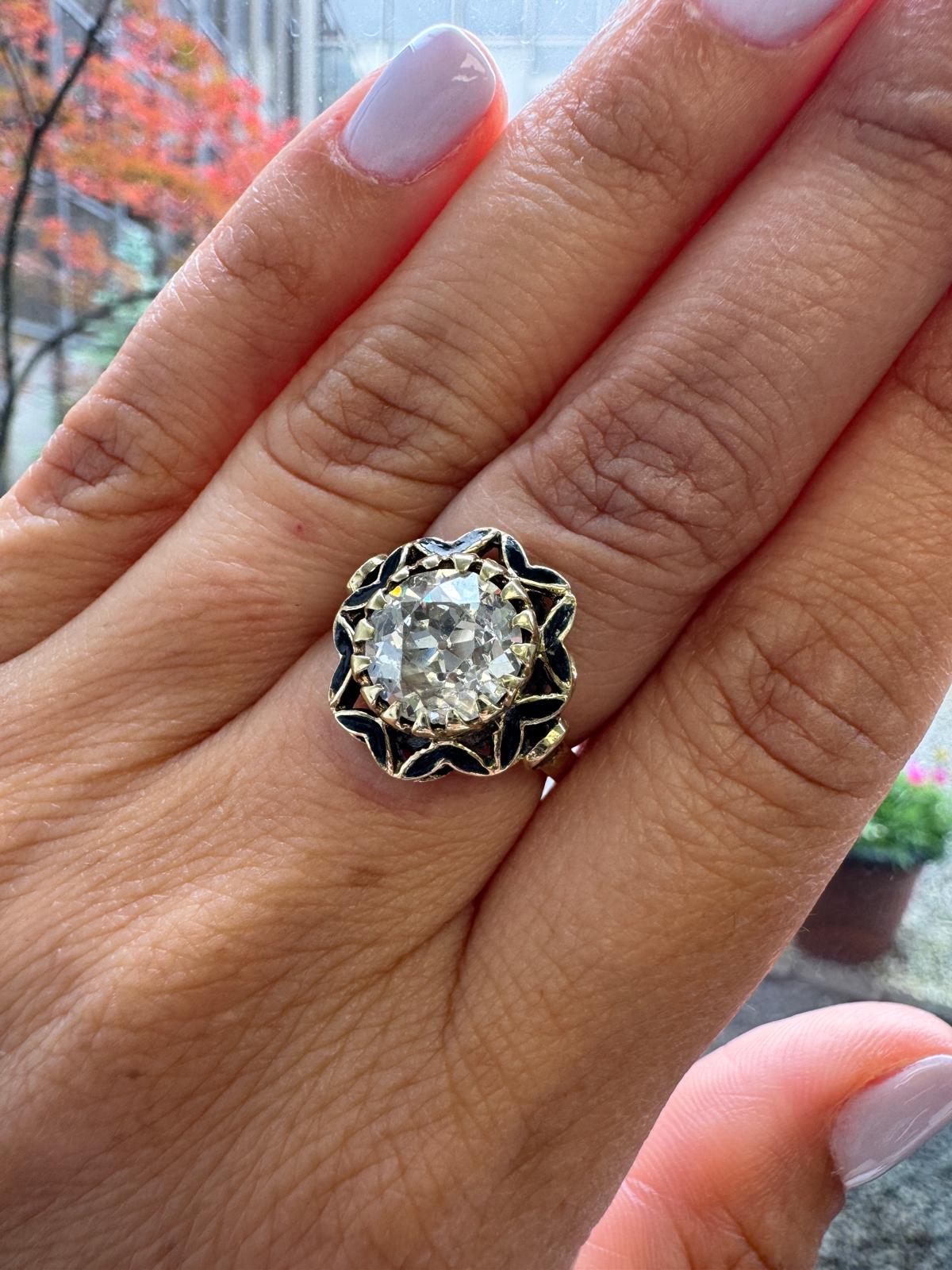 Anello in oro 14K e smalto nero con diamante taglio vecchia miniera da 2,65 carati in vendita 6