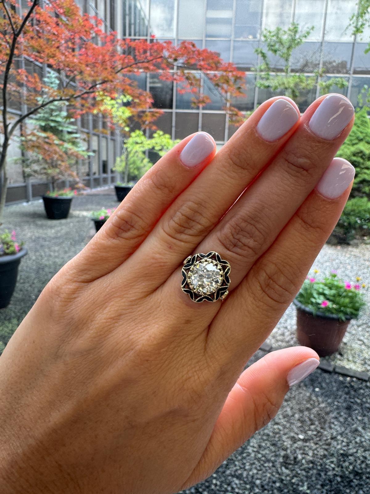 da uomo o donna Anello in oro 14K e smalto nero con diamante taglio vecchia miniera da 2,65 carati in vendita