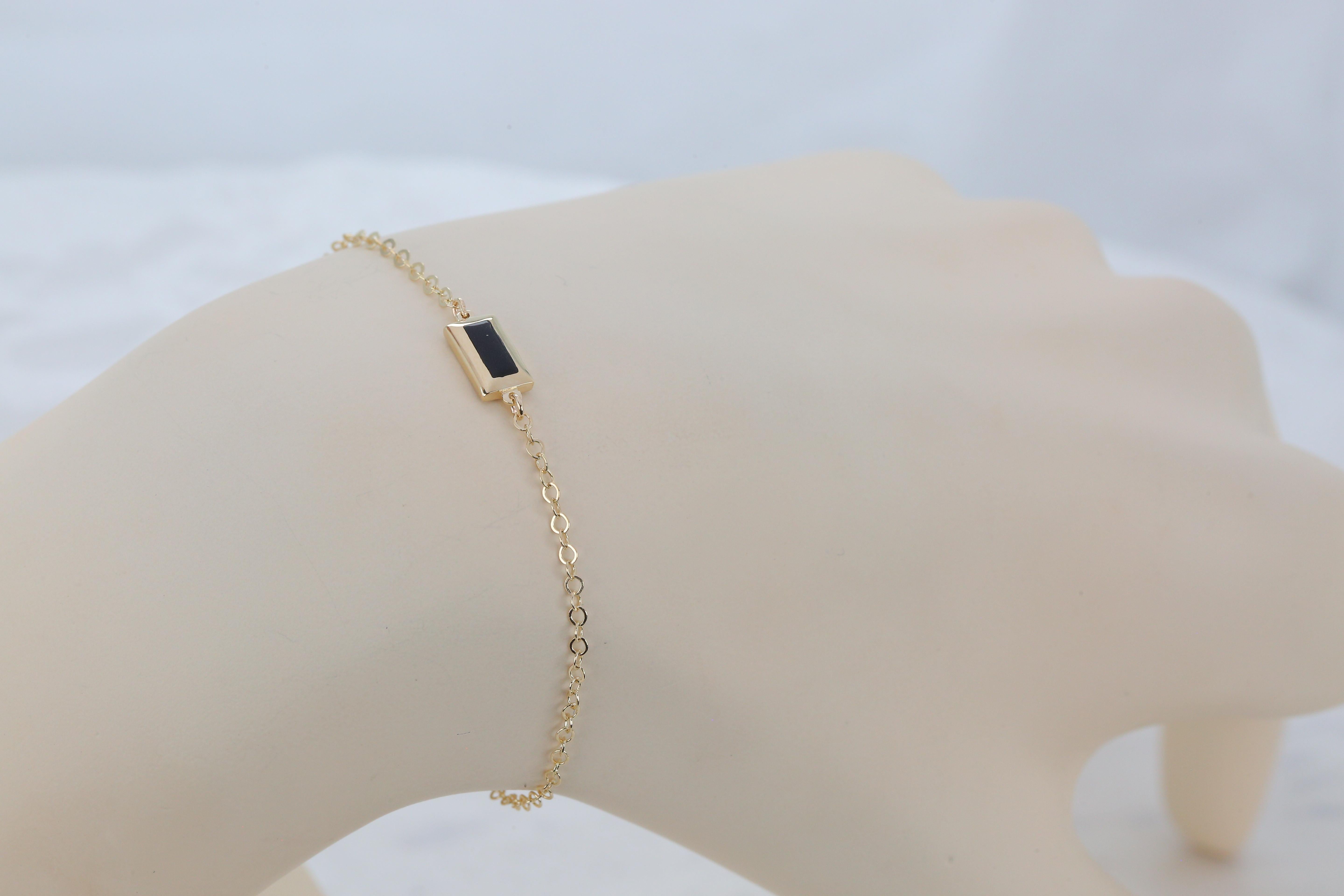 14K Gold Black Enameled Rectangle Shaped Charm Dainty Bracelet For Sale 4