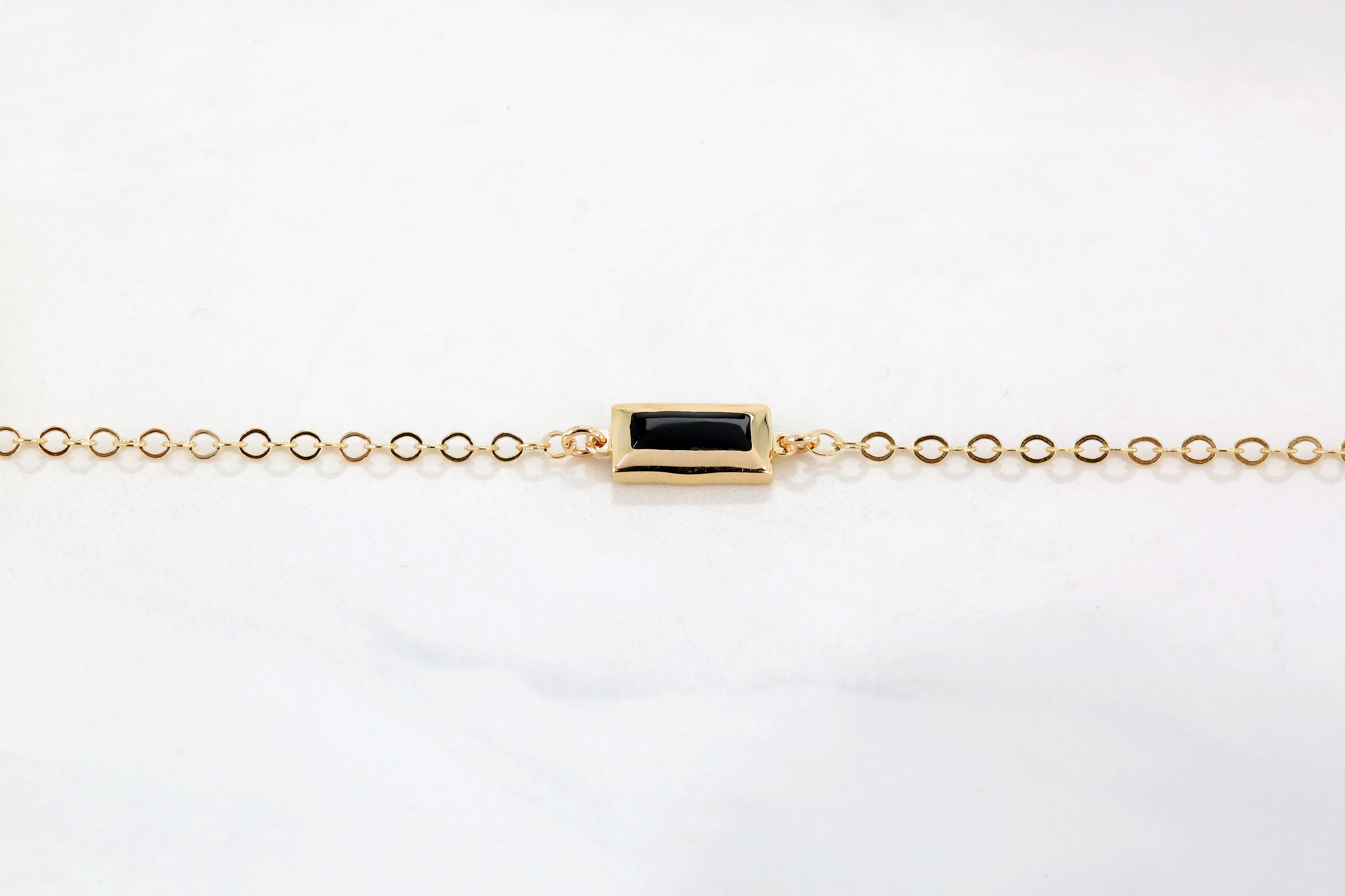 Women's 14K Gold Black Enameled Rectangle Shaped Charm Dainty Bracelet For Sale