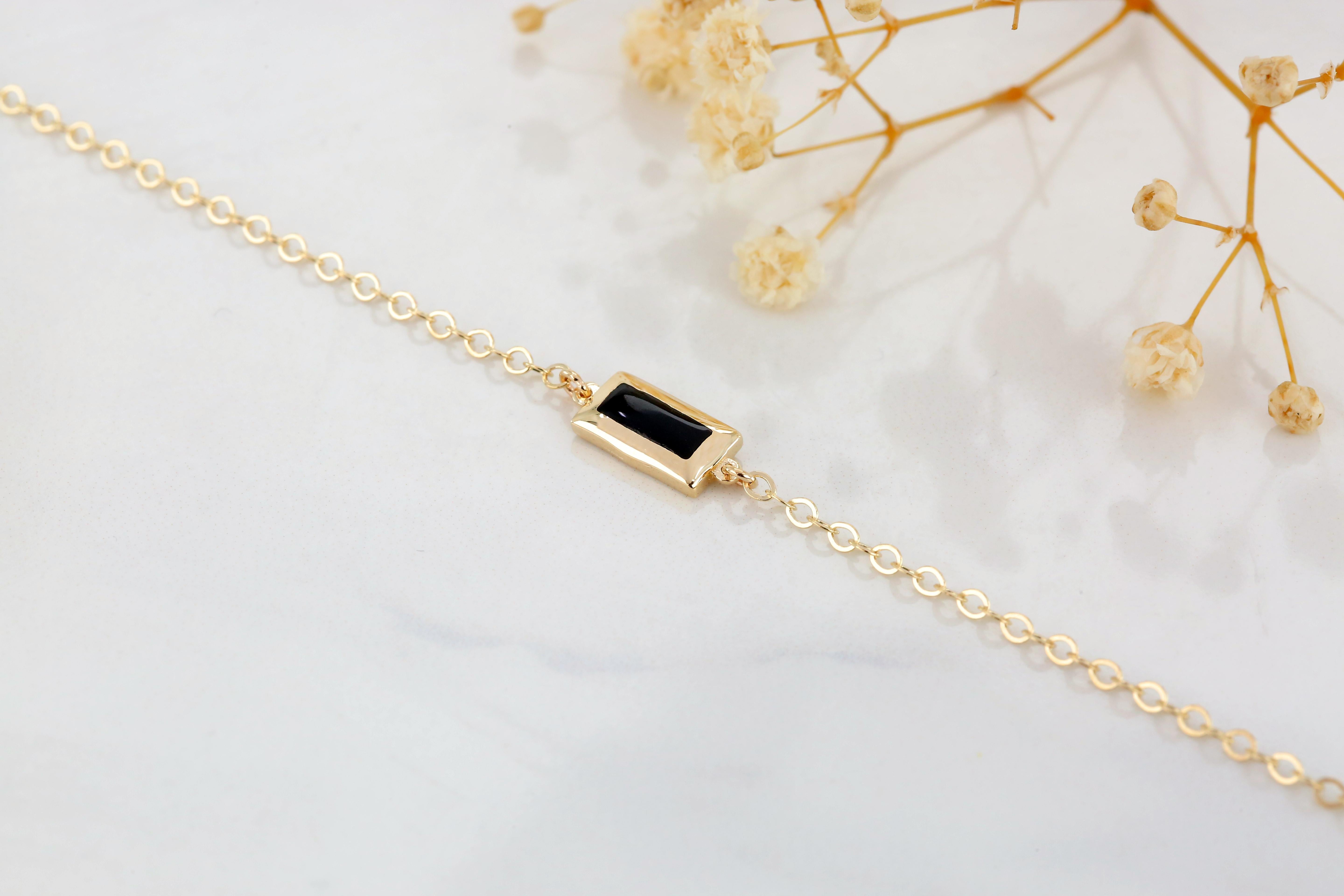 14K Gold Black Enameled Rectangle Shaped Charm Dainty Bracelet For Sale 1