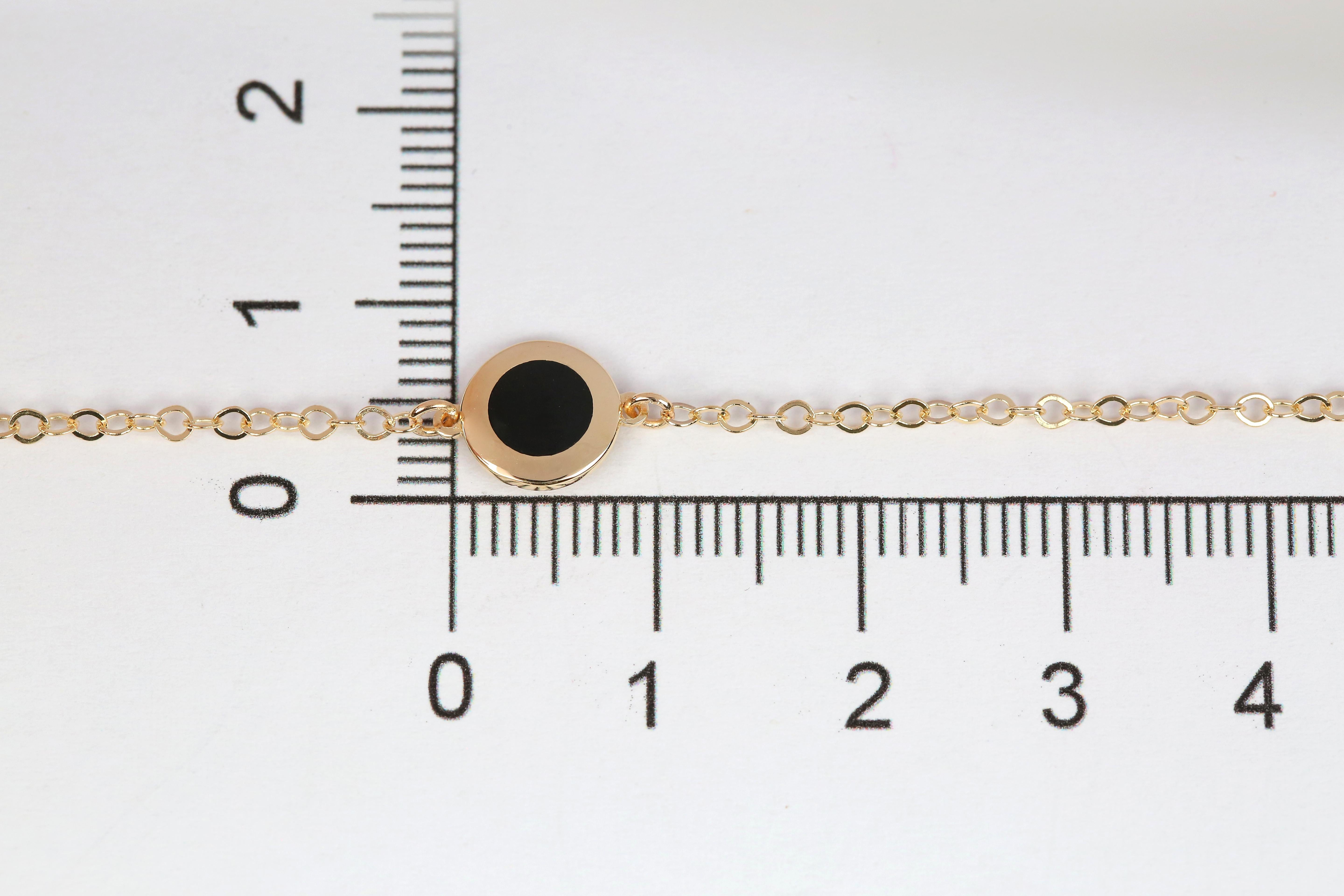 14K Gold Black Enameled Round Shaped Charm Dainty Bracelet For Sale 5