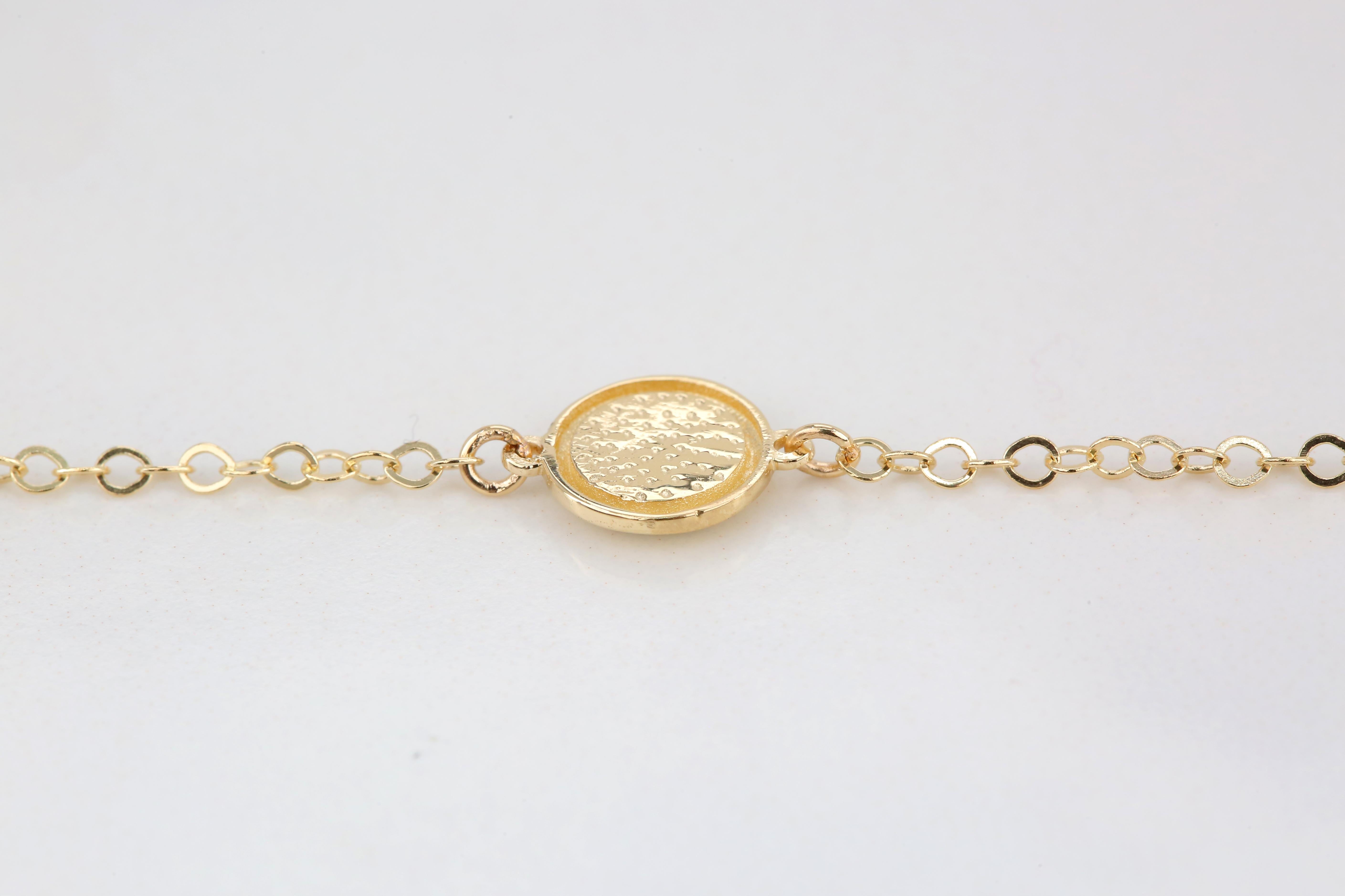 14K Gold Black Enameled Round Shaped Charm Dainty Bracelet For Sale 1