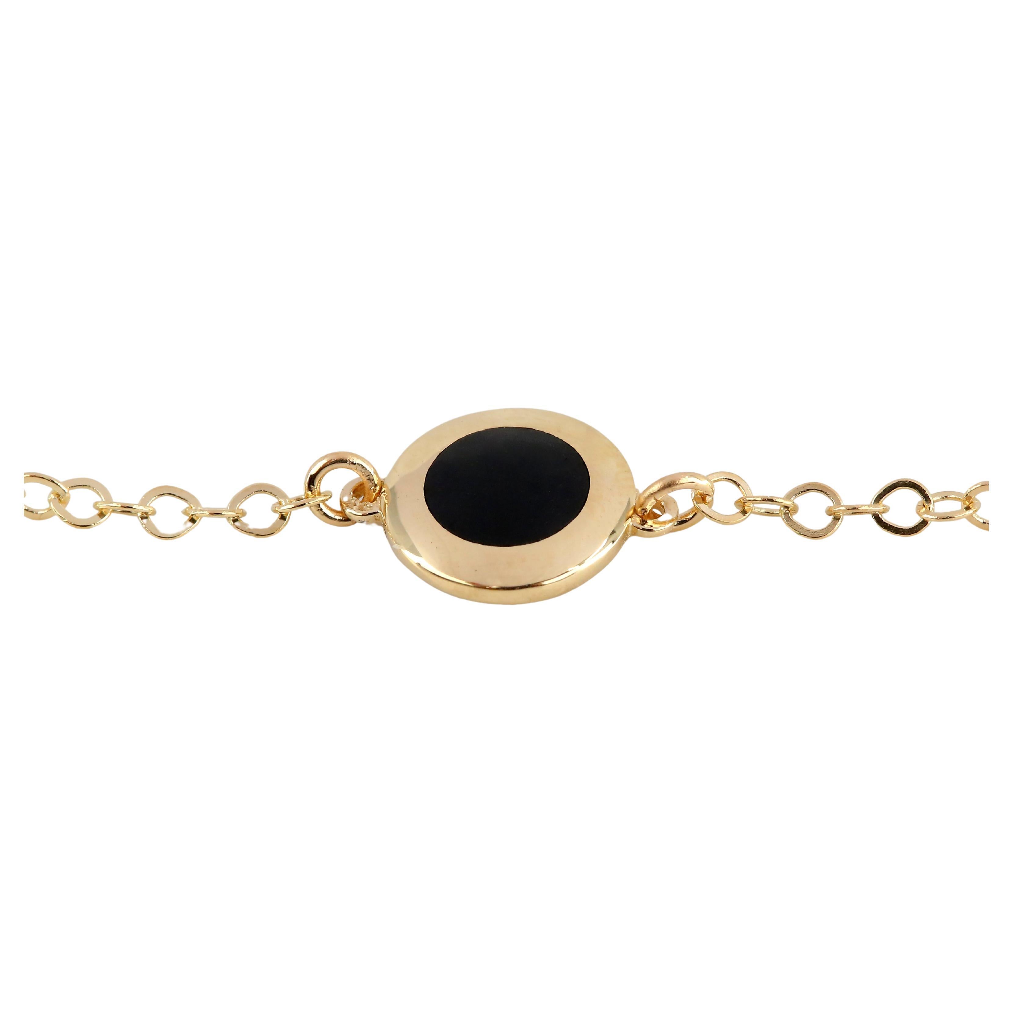 14K Gold Black Enameled Round Shaped Charm Dainty Bracelet For Sale