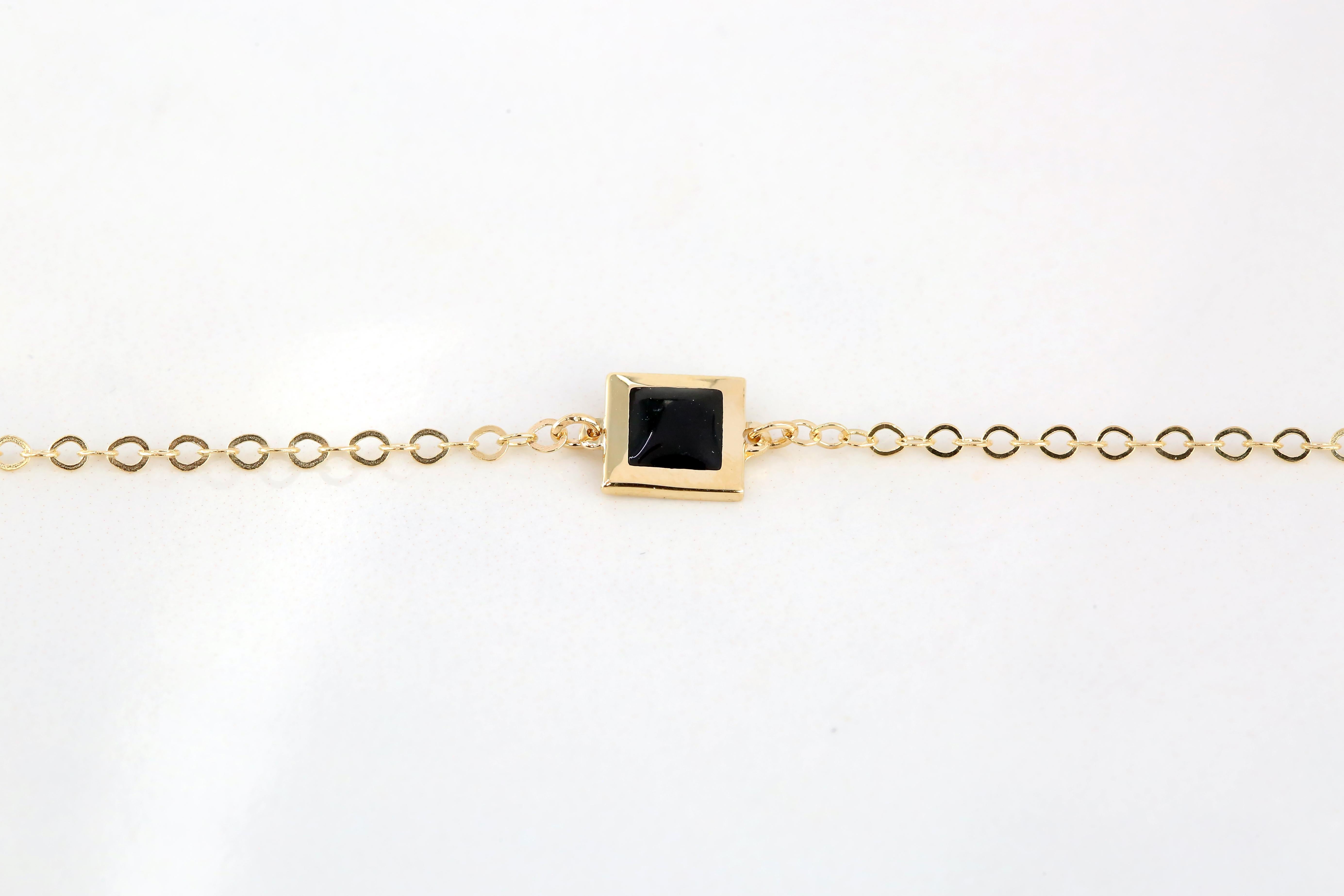 Contemporary 14K Gold Black Enameled Square Shaped Charm Dainty Bracelet For Sale