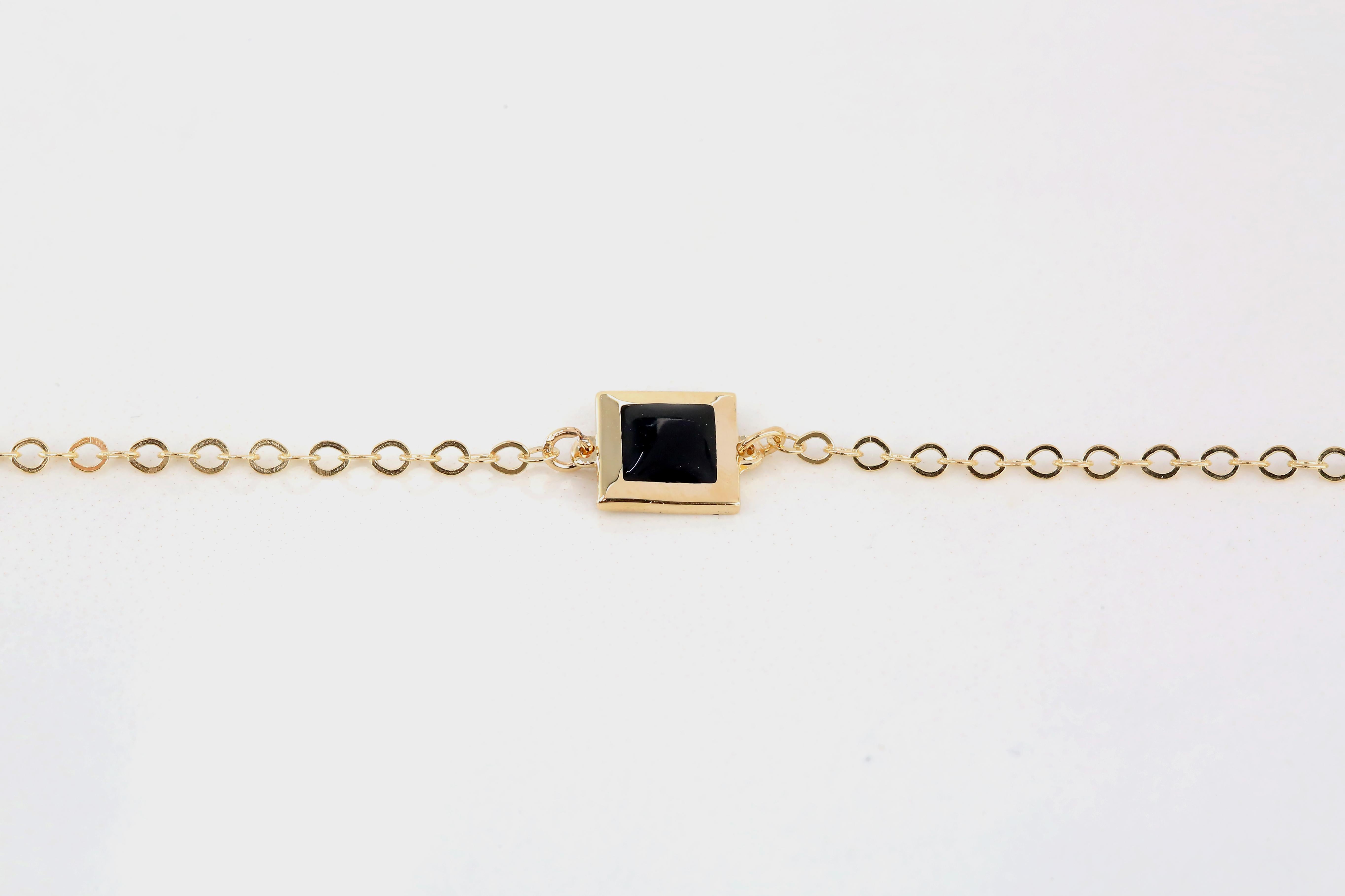 Women's 14K Gold Black Enameled Square Shaped Charm Dainty Bracelet For Sale