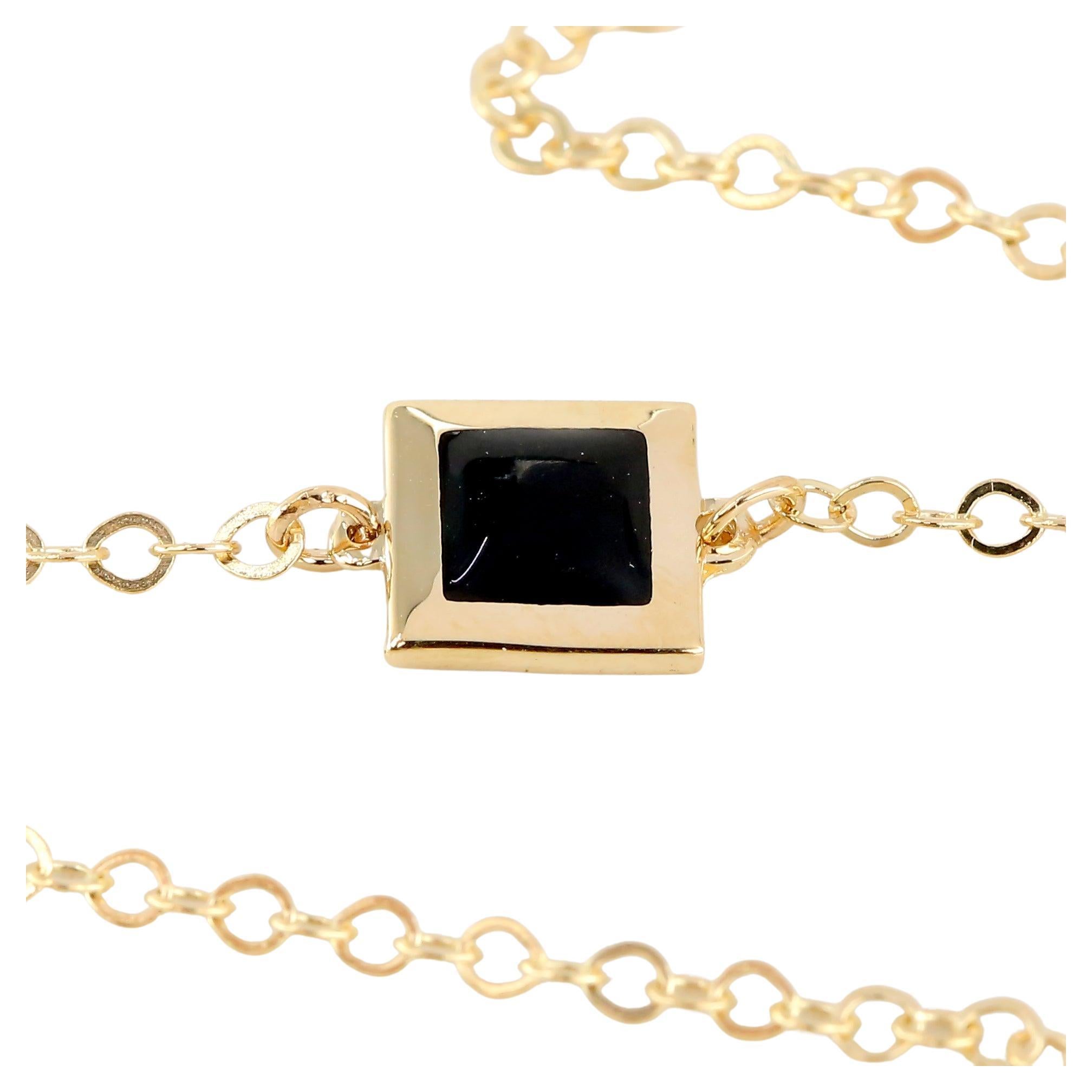 14K Gold Black Enameled Square Shaped Charm Dainty Bracelet For Sale