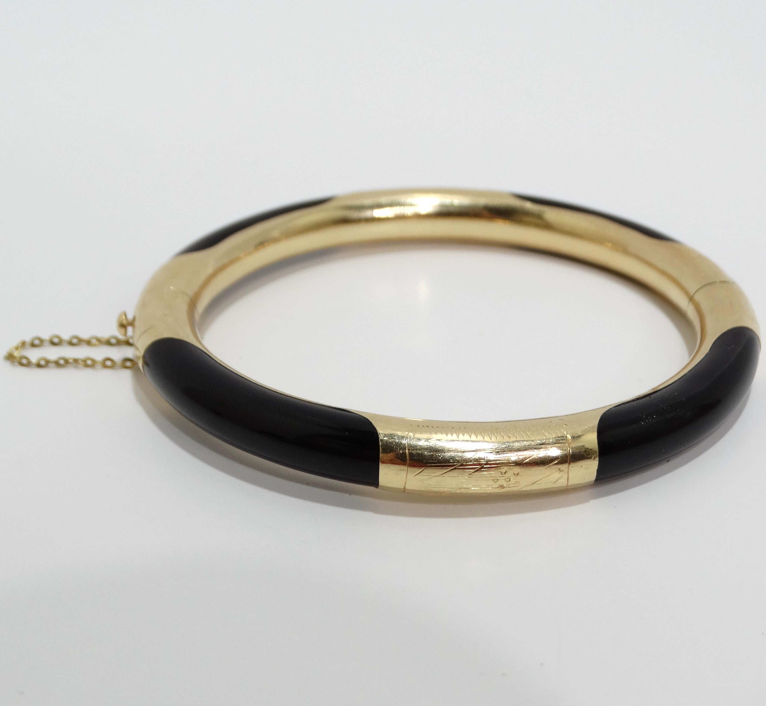 Women's or Men's 14K Gold Black Onyx Hinged Bangle Bracelet