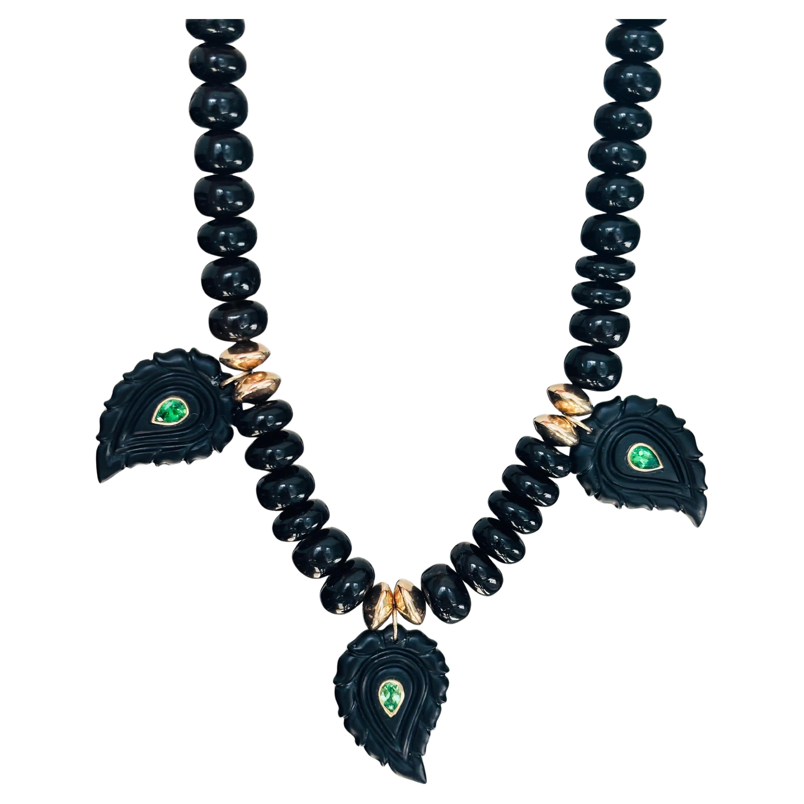 14k Gold Black Onyx Necklace with Tsavorites & Paisleys