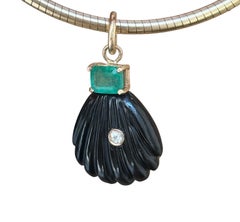 14k Gold Black Onyx Shell Pendant with Diamond & Emerald