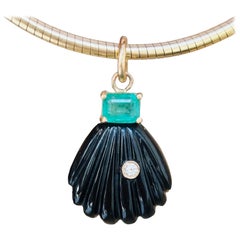 14k Gold Black Onyx Shell Pendant with Diamond & Emerald