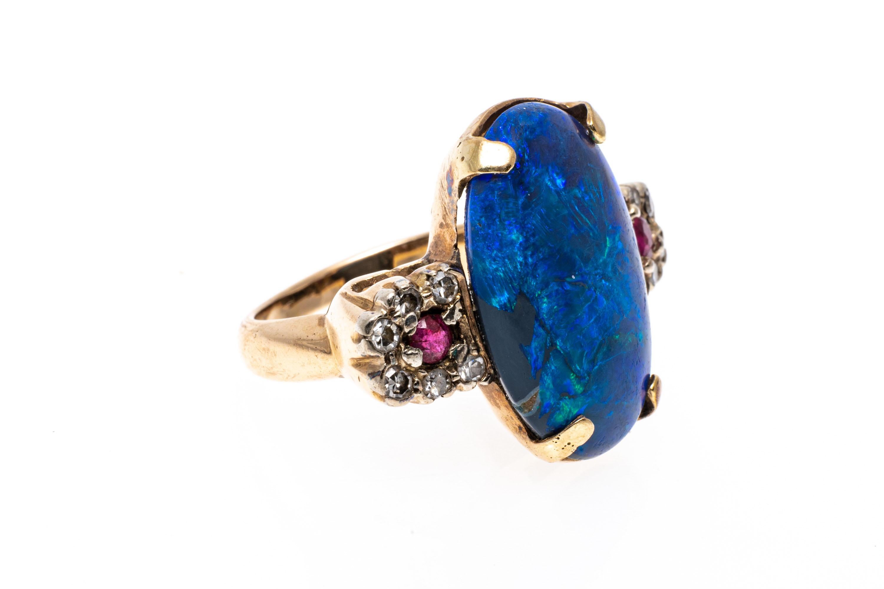 Retro 14k Gold Black Opal, Ruby And Diamond Ring, Size 5.5 For Sale