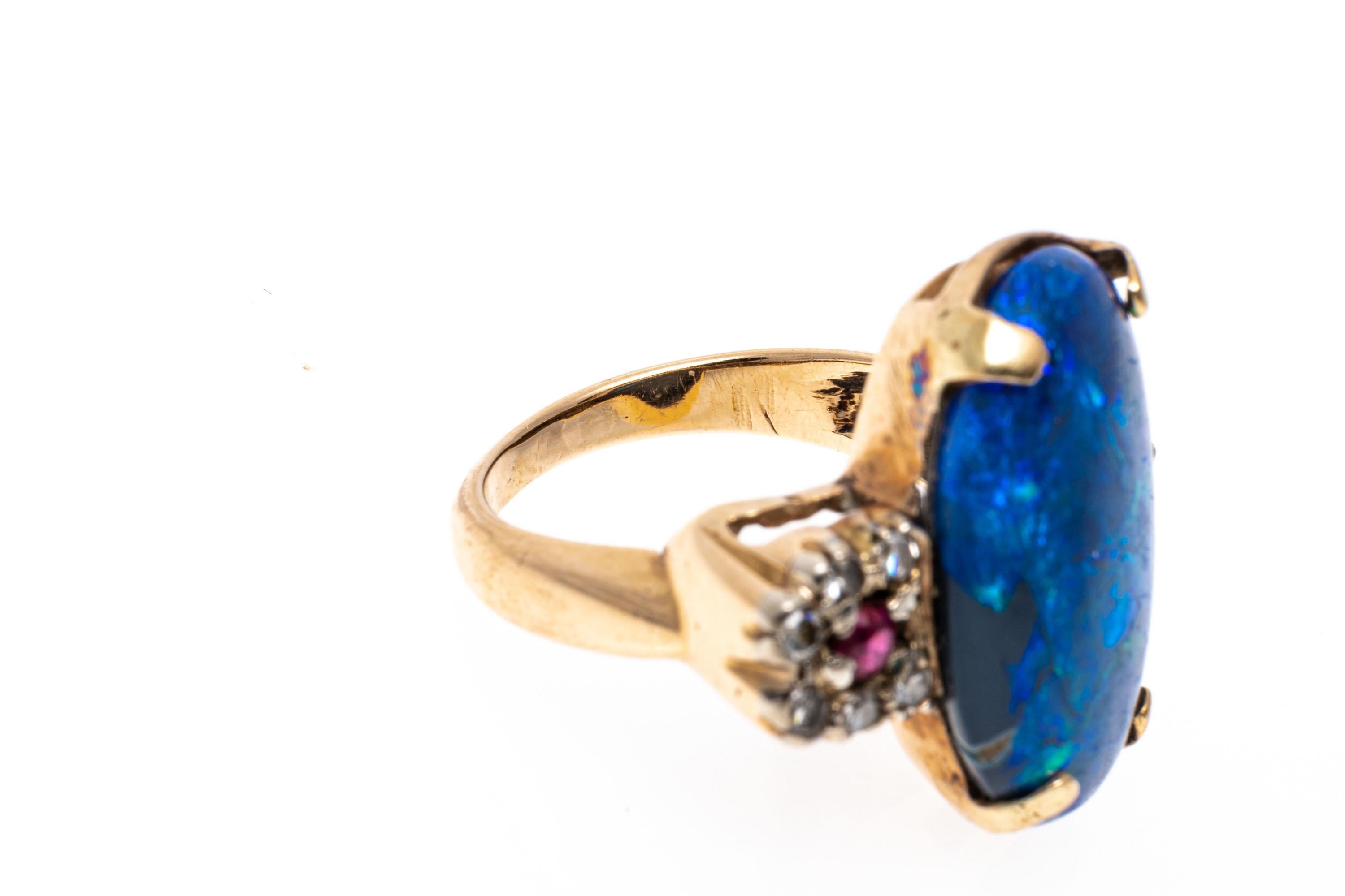 14k Gold Black Opal, Ruby And Diamond Ring, Size 5.5 In Good Condition For Sale In Southport, CT