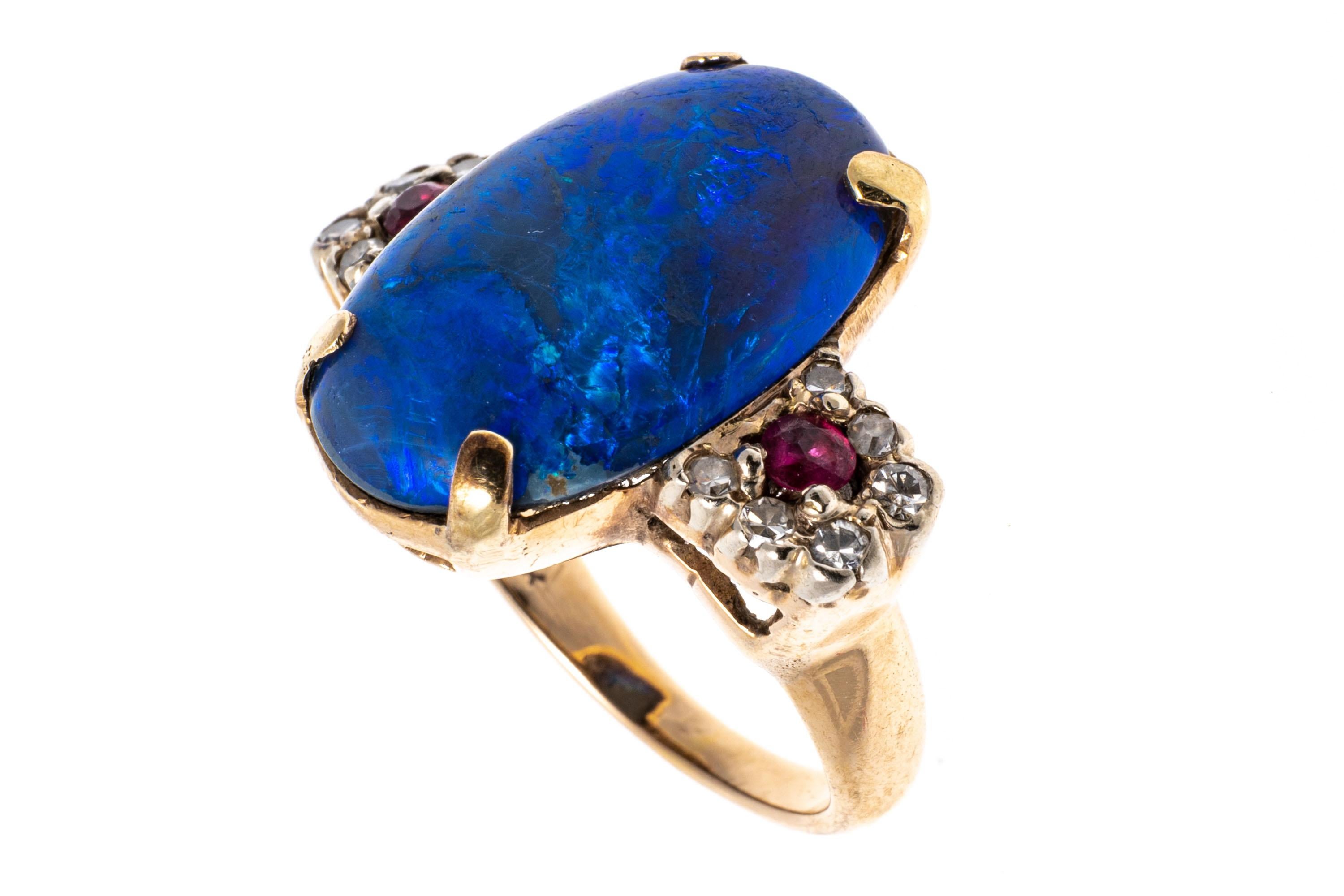 14k Gold Black Opal, Ruby And Diamond Ring, Size 5.5 For Sale 1