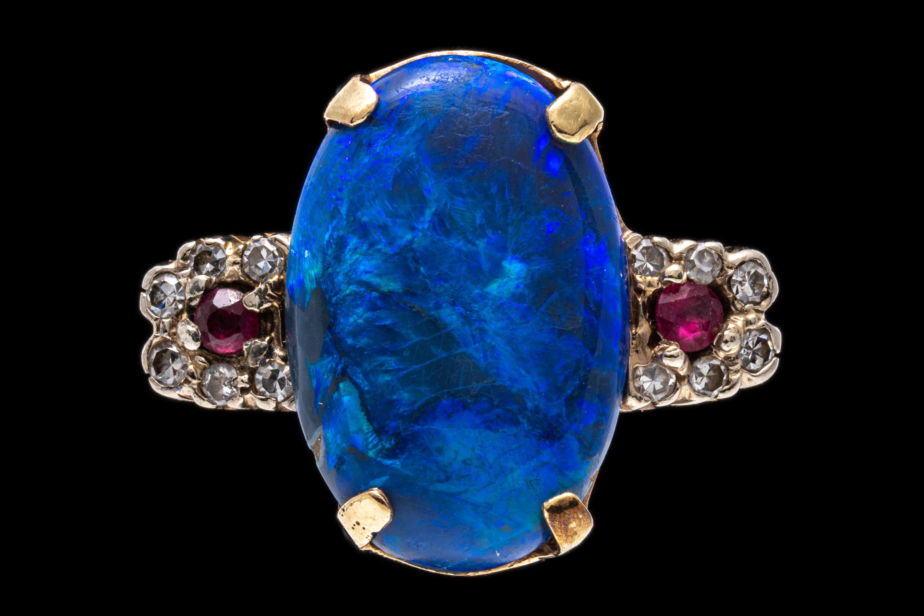 14k Gold Black Opal, Ruby And Diamond Ring, Size 5.5 For Sale 2