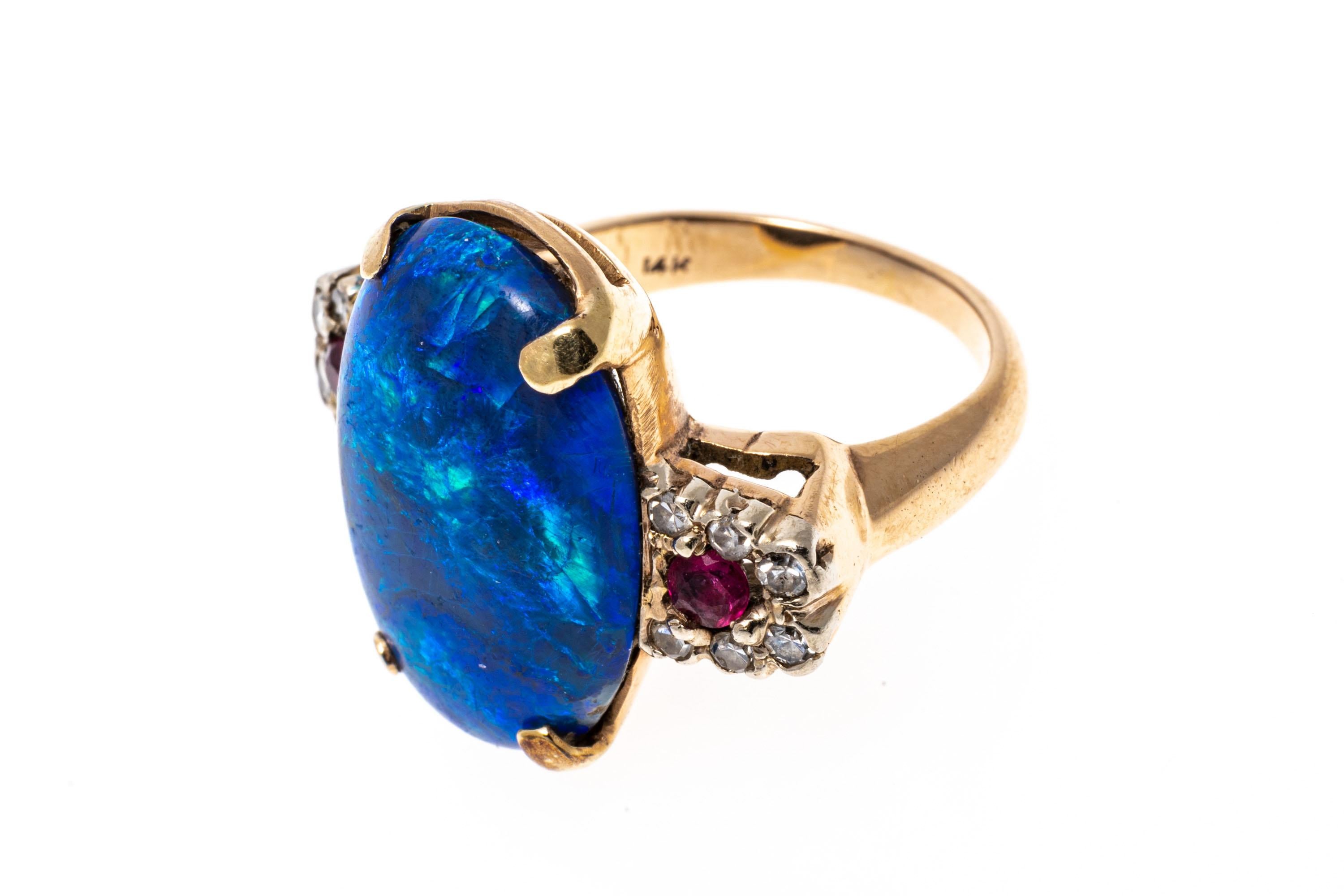 14k Gold Black Opal, Ruby And Diamond Ring, Size 5.5 For Sale 3