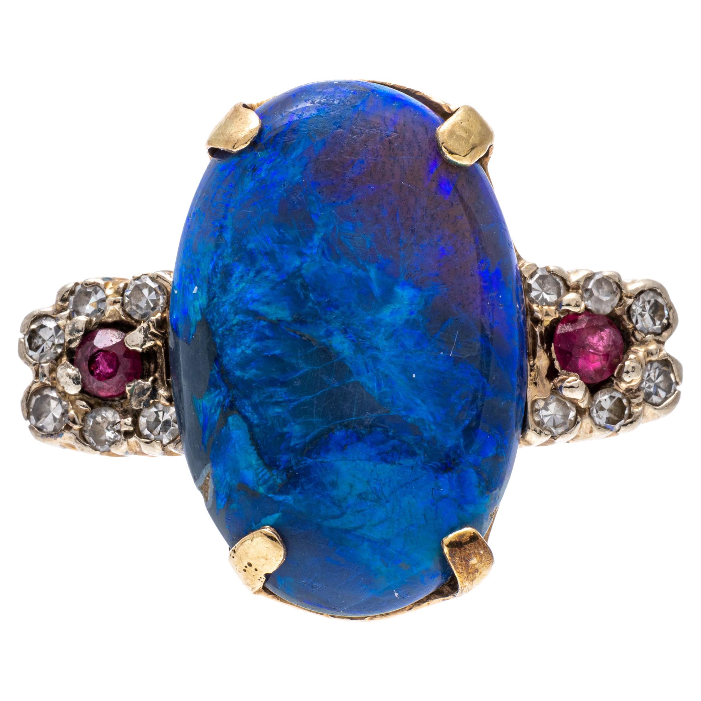 14k Gold Black Opal, Ruby And Diamond Ring, Size 5.5 For Sale