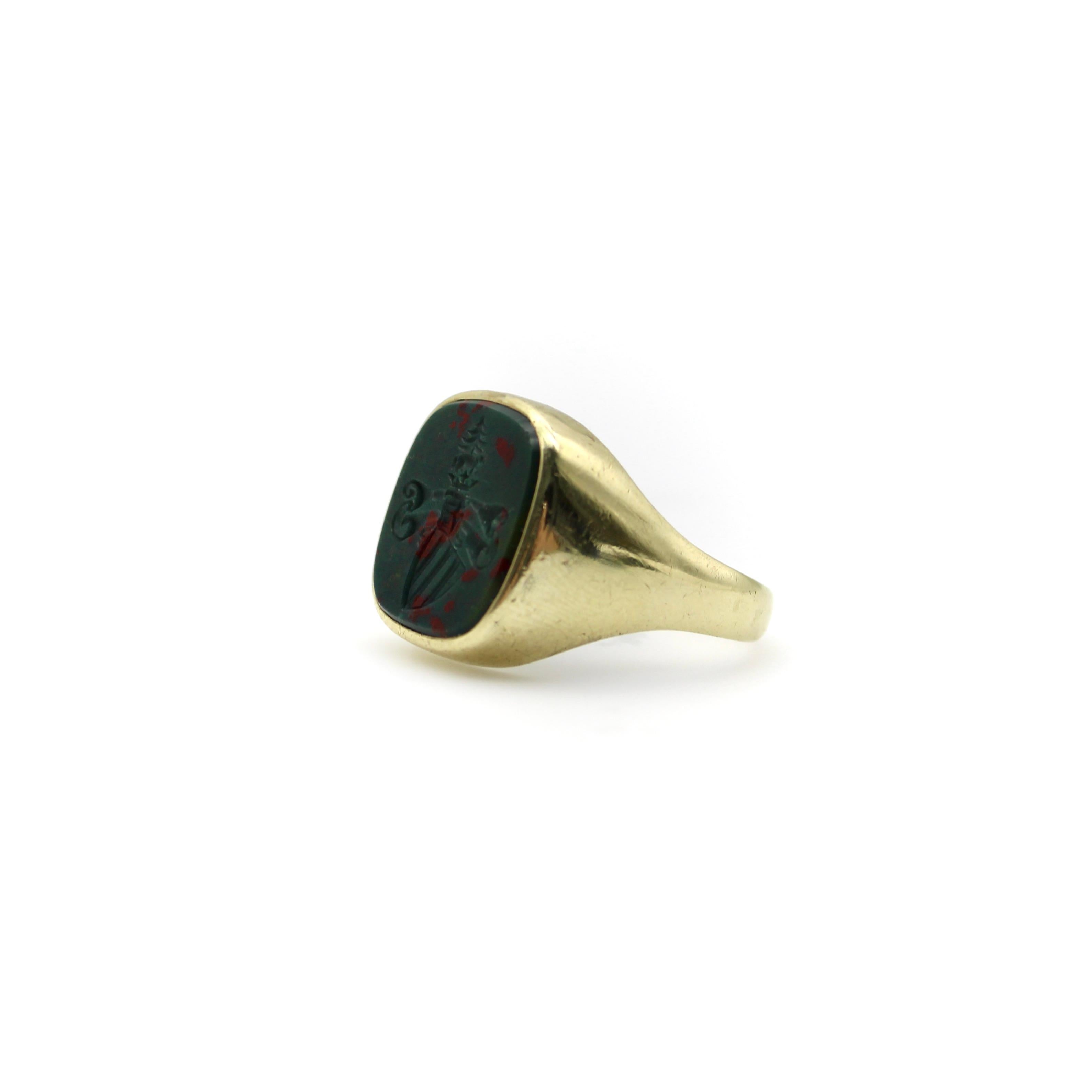 Women's or Men's 14K Gold Bloodstone Edwardian Intaglio Signet Ring For Sale