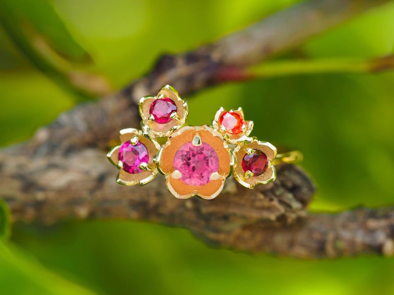 For Sale:  14 karat gold Blossom ring with multicolored gemstones. Pink Tourmaline ring 3