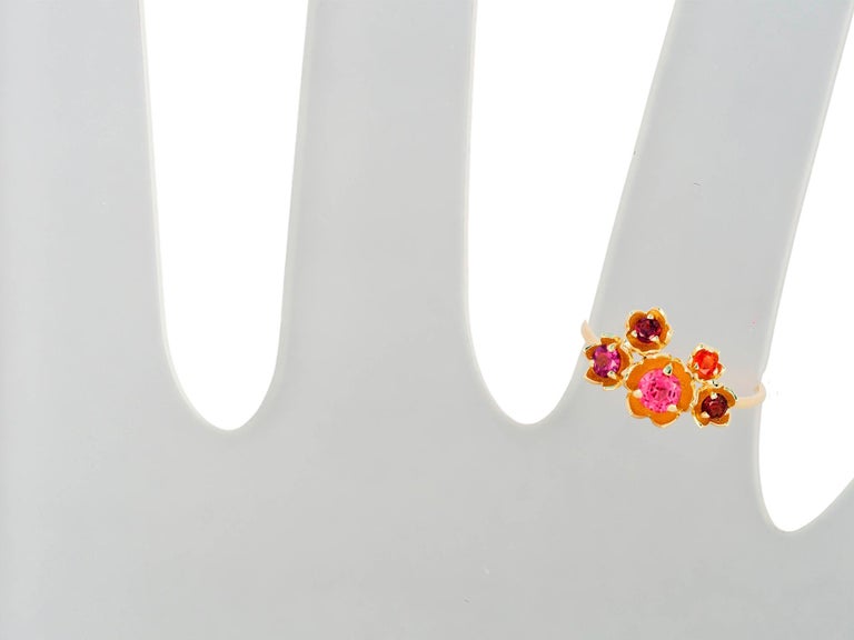 For Sale:  14 karat gold Blossom ring with multicolored gemstones. Pink Tourmaline ring 11