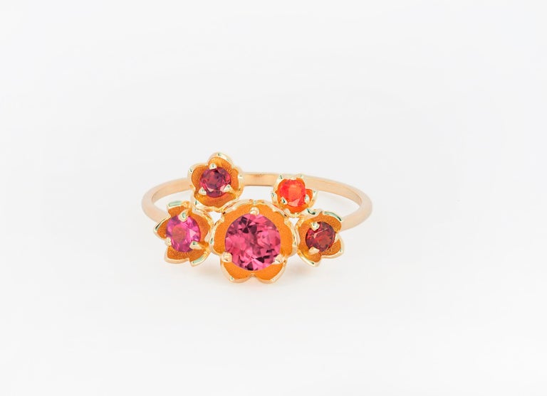 For Sale:  14 karat gold Blossom ring with multicolored gemstones. Pink Tourmaline ring 4