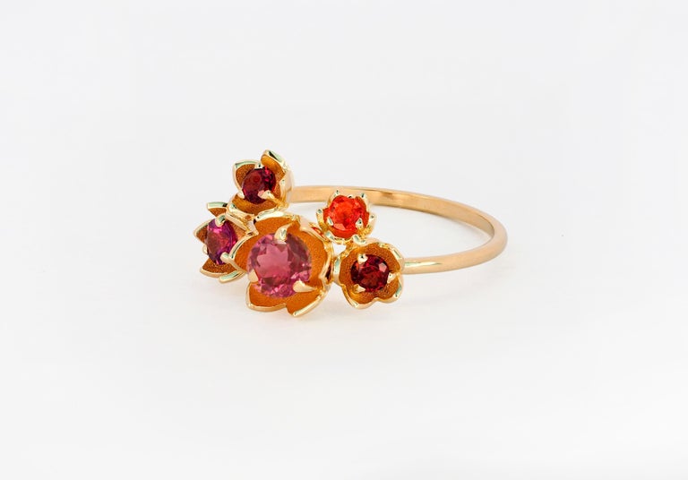 For Sale:  14 karat gold Blossom ring with multicolored gemstones. Pink Tourmaline ring 6