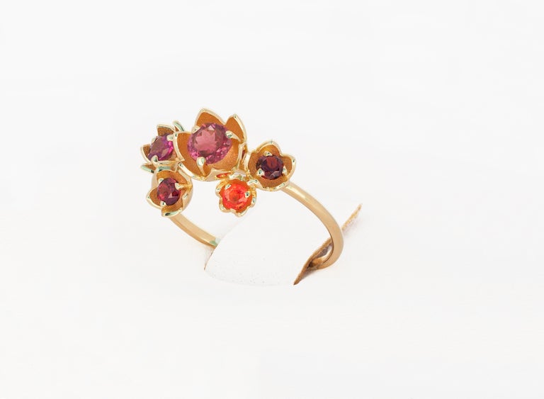 For Sale:  14 karat gold Blossom ring with multicolored gemstones. Pink Tourmaline ring 8
