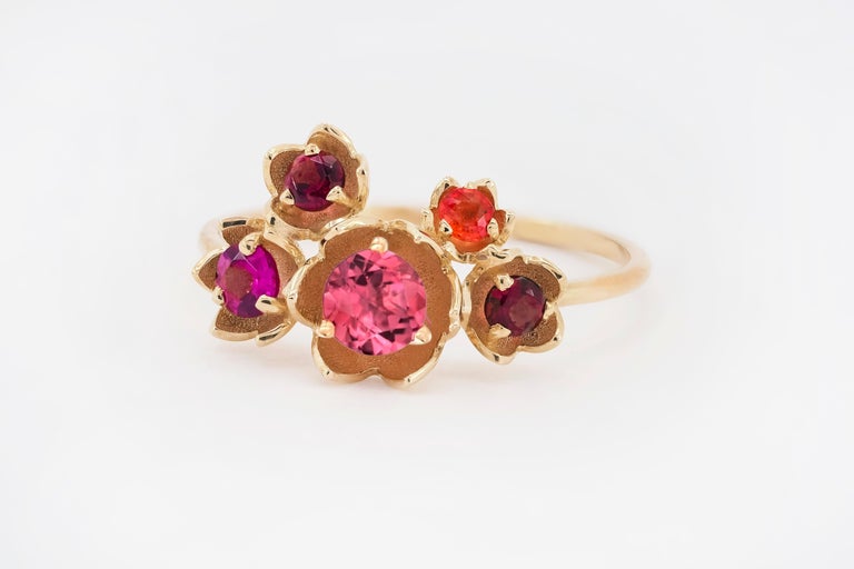For Sale:  14 karat gold Blossom ring with multicolored gemstones. Pink Tourmaline ring 9