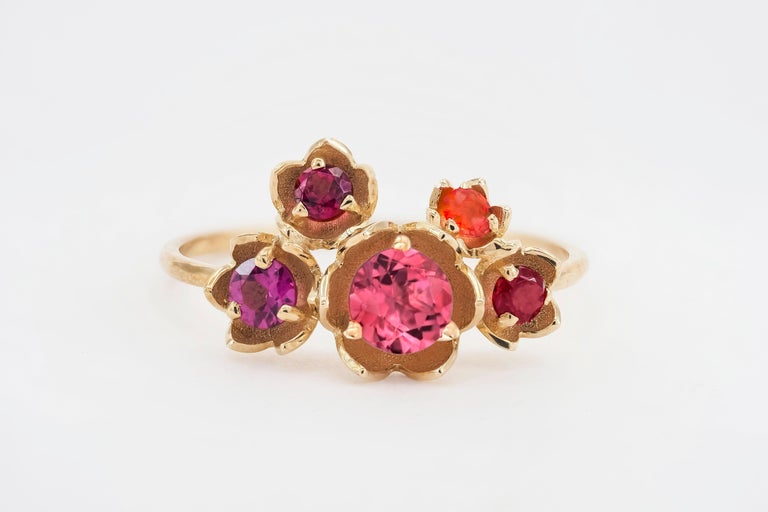 For Sale:  14 karat gold Blossom ring with multicolored gemstones. Pink Tourmaline ring 10