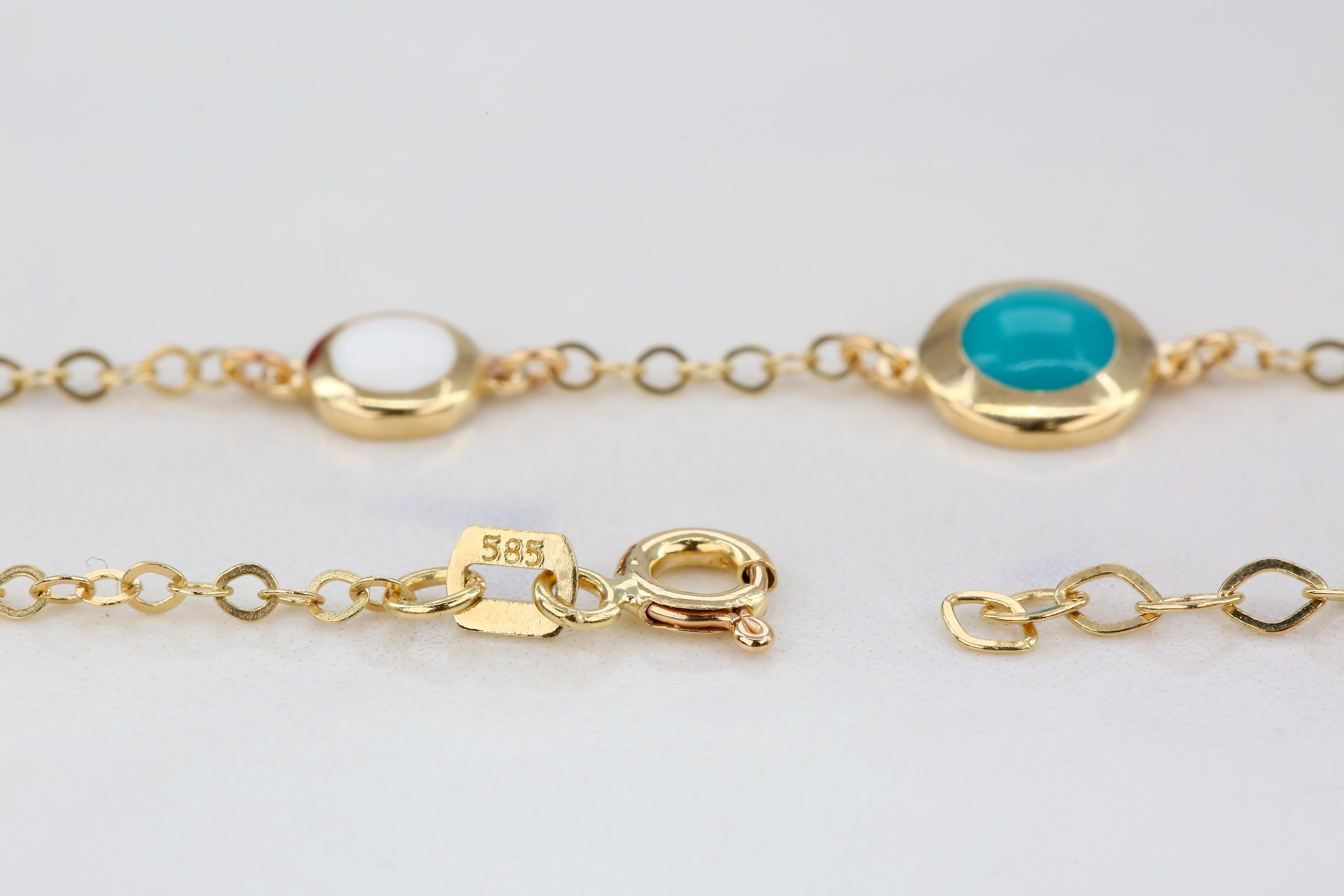 14K Gold Blue and White Enameled Dot Shape Dainty Bracelet For Sale 6