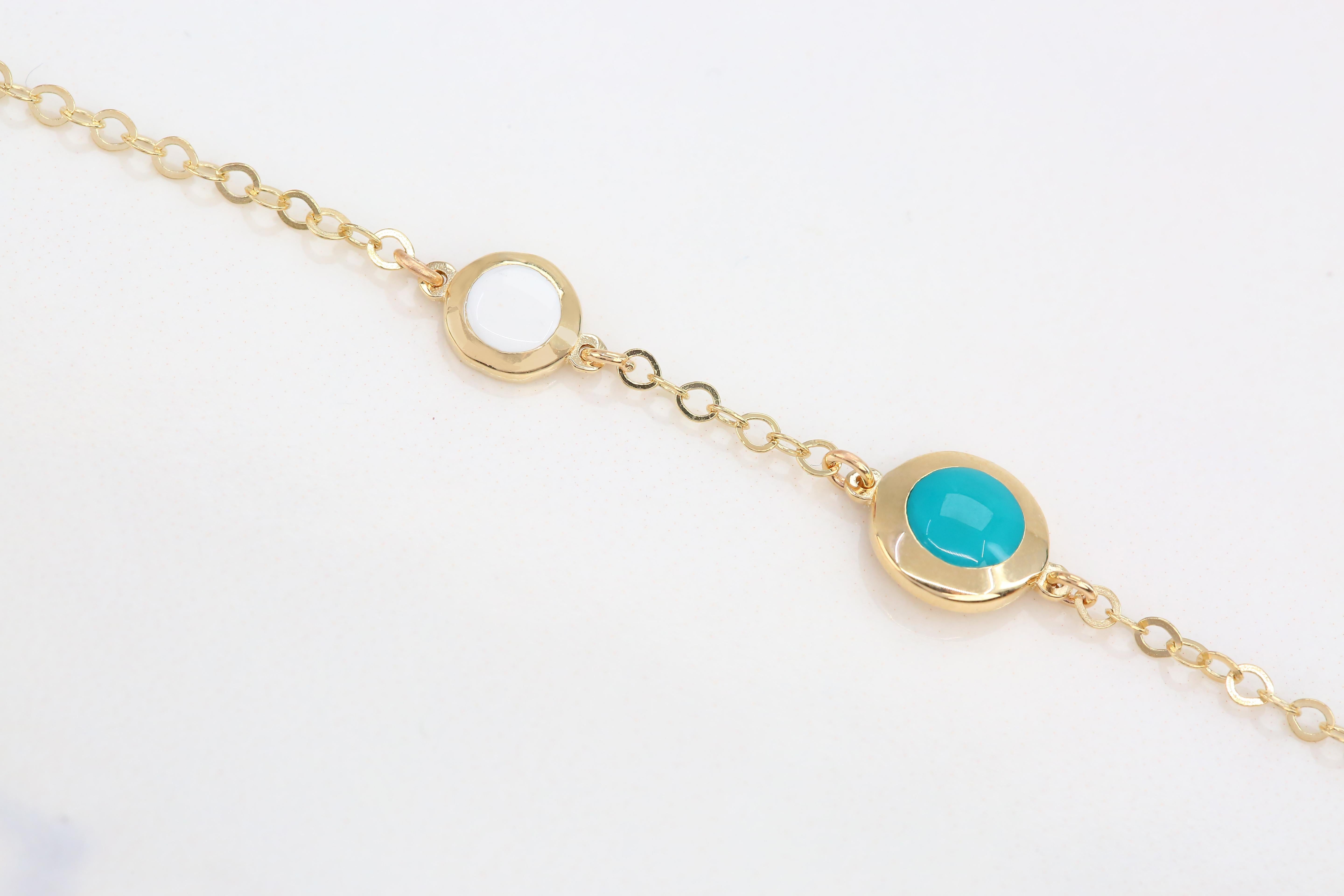 14K Gold Blue and White Enameled Dot Shape Dainty Bracelet In New Condition For Sale In ISTANBUL, TR