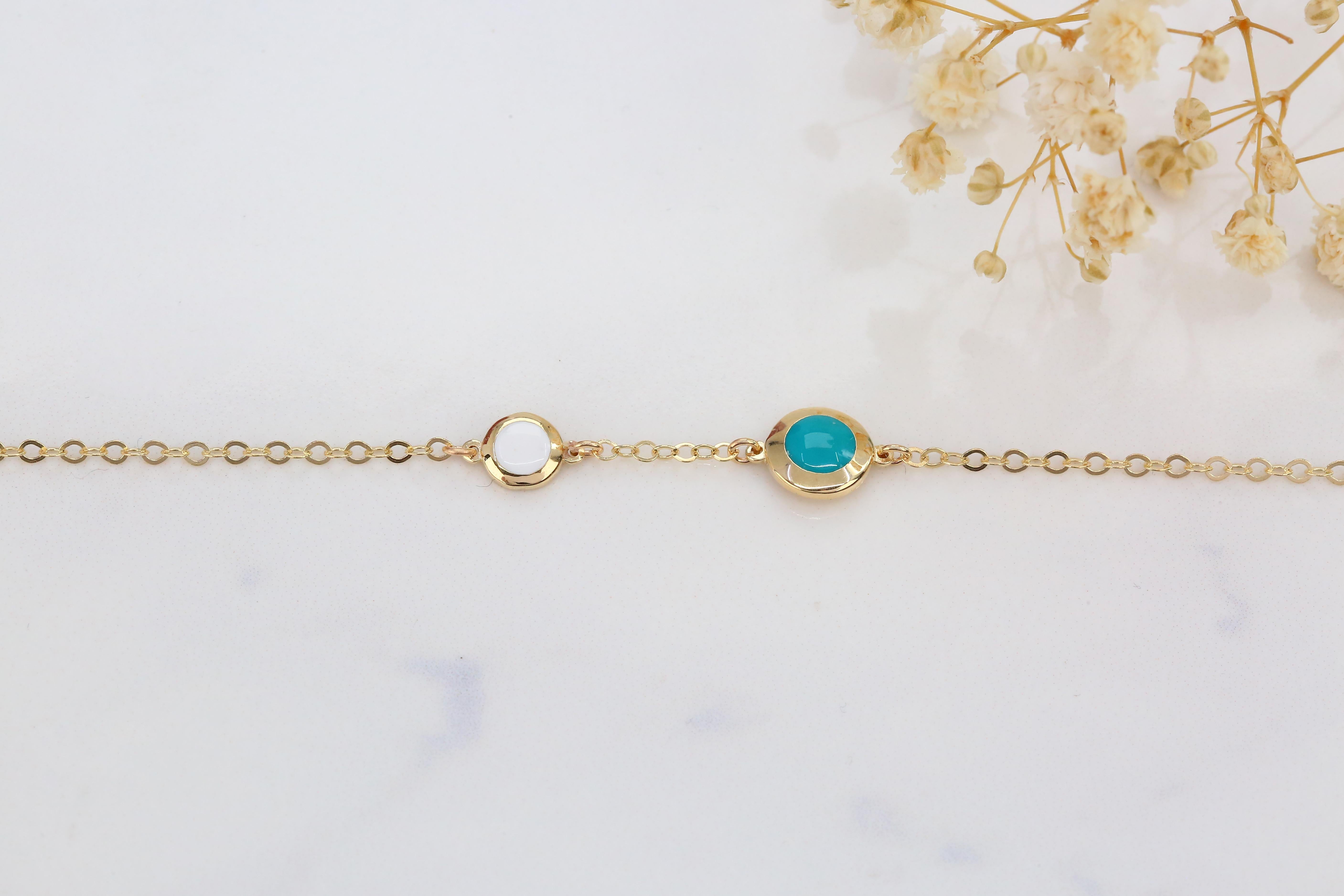 14K Gold Blue and White Enameled Dot Shape Dainty Bracelet For Sale 3