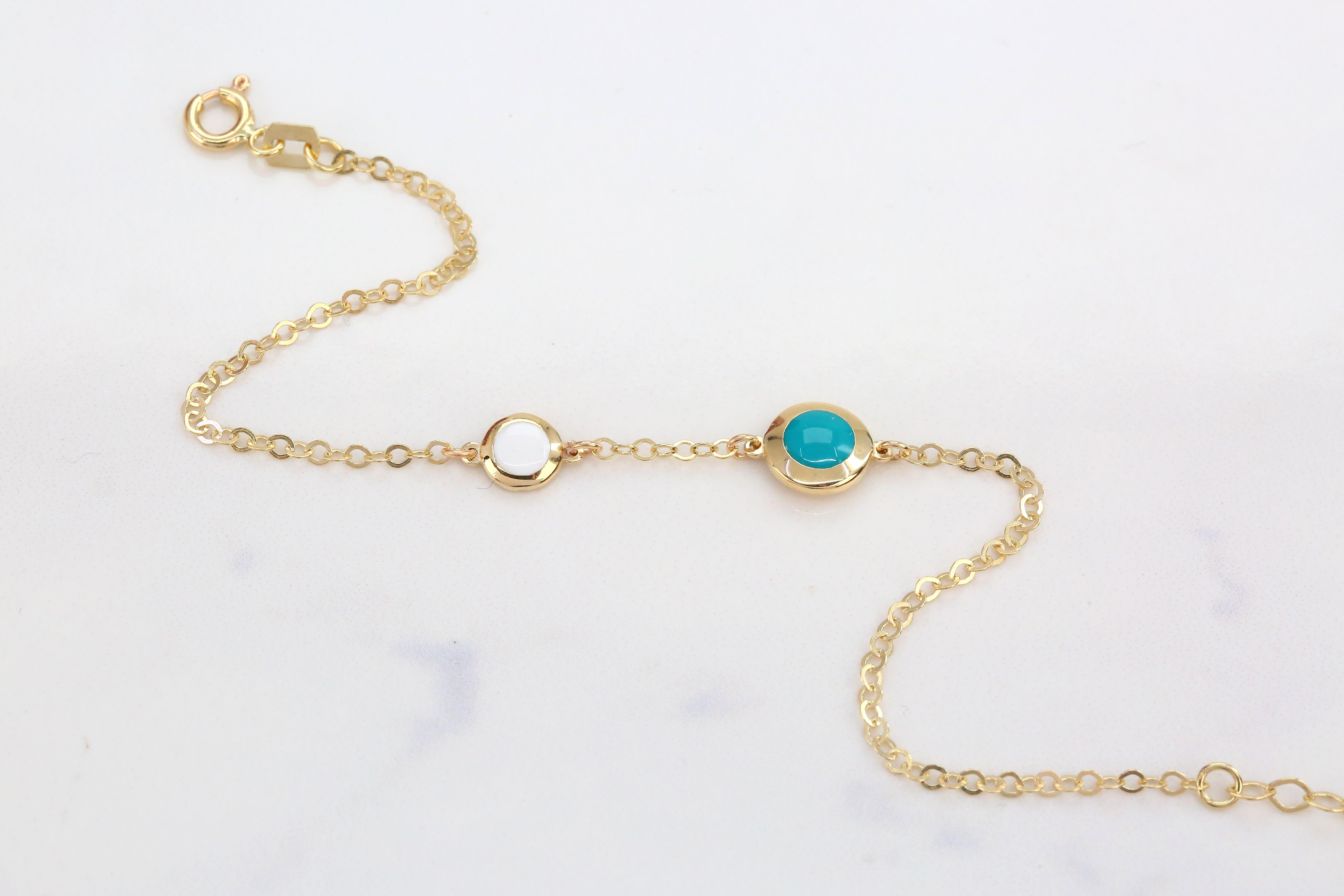 14K Gold Blue and White Enameled Dot Shape Dainty Bracelet For Sale 4