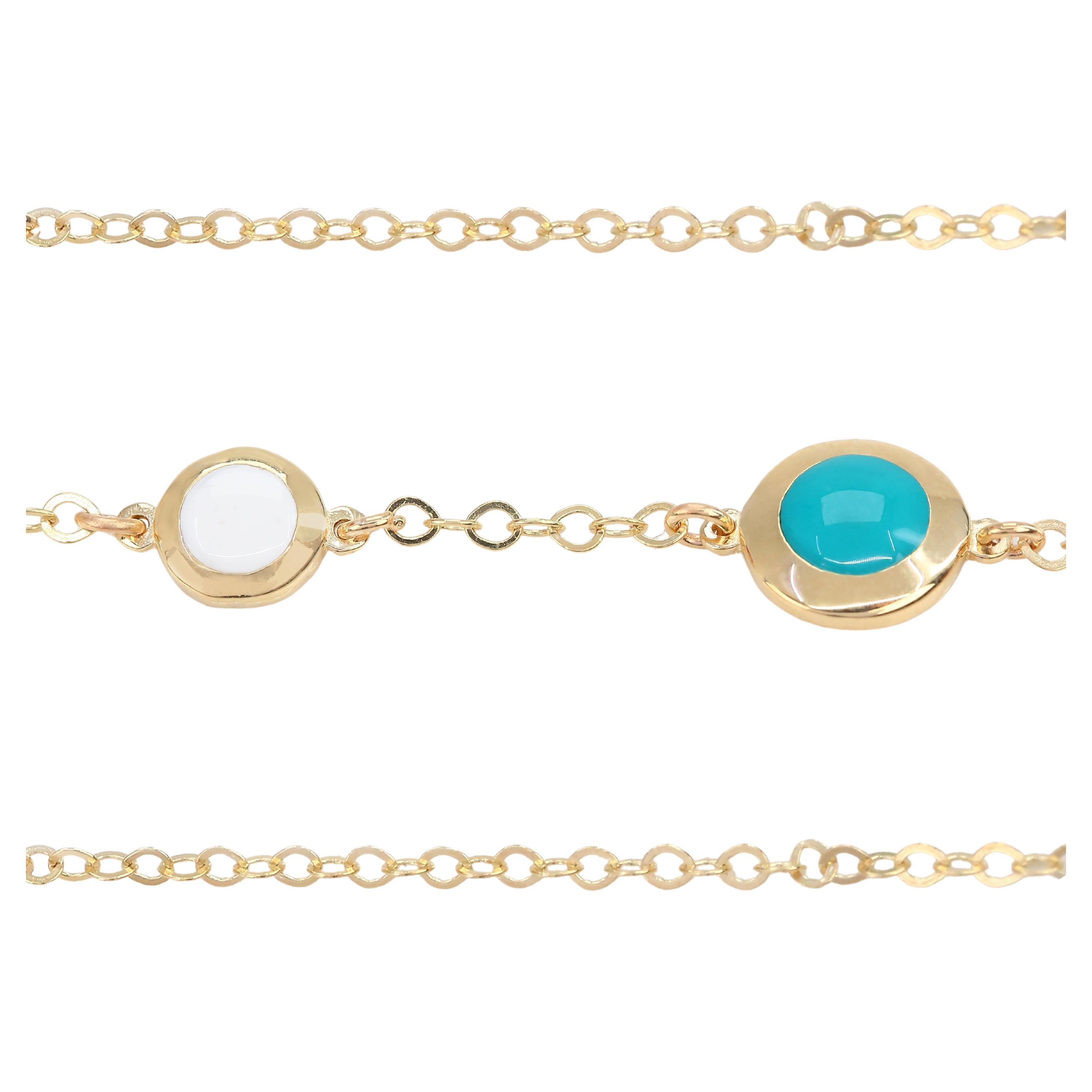 14K Gold Blue and White Enameled Dot Shape Dainty Bracelet