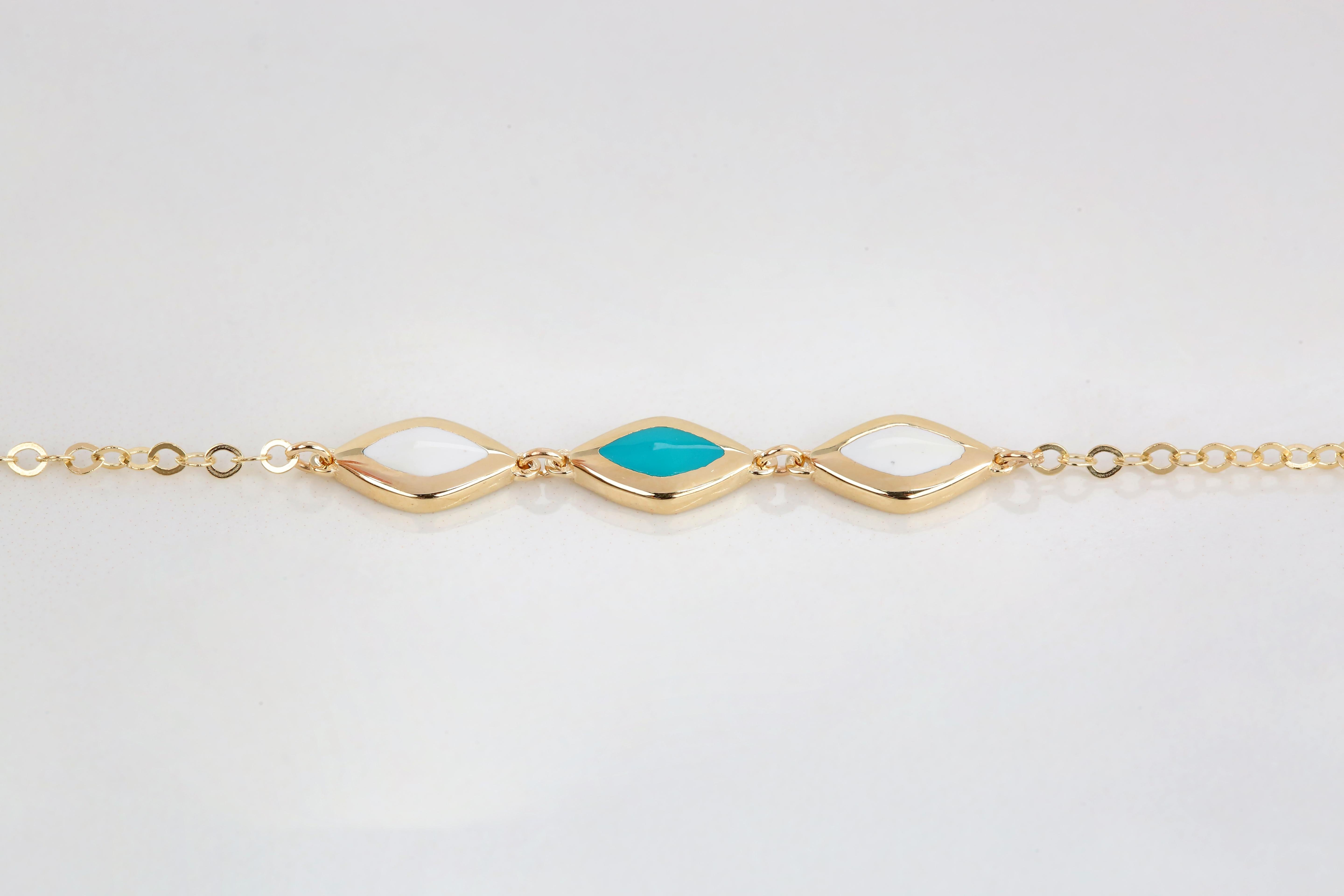 14K Gold Blue and White Enameled Rhombus Dainty Bracelet For Sale 1