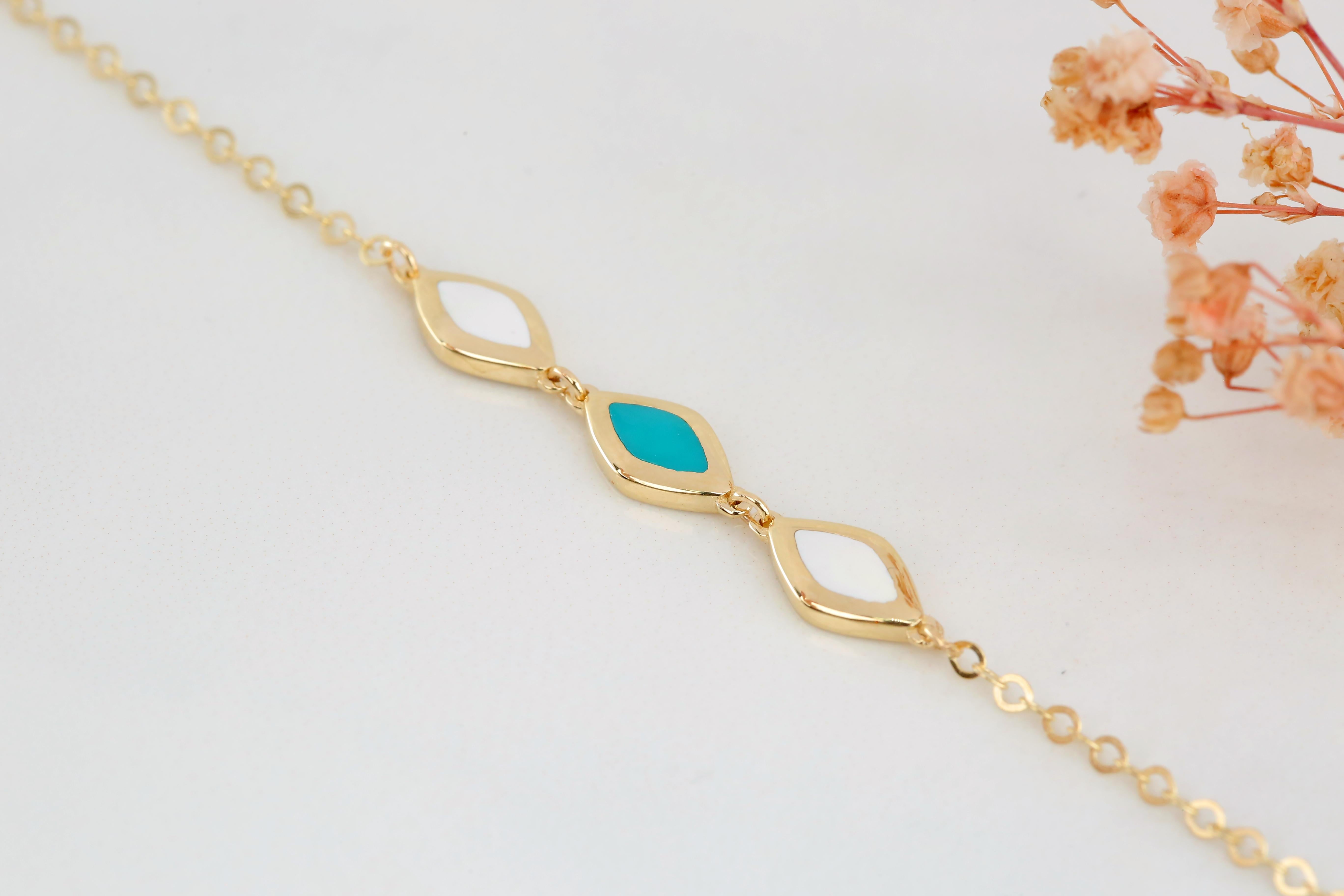14K Gold Blue and White Enameled Rhombus Dainty Bracelet For Sale 4