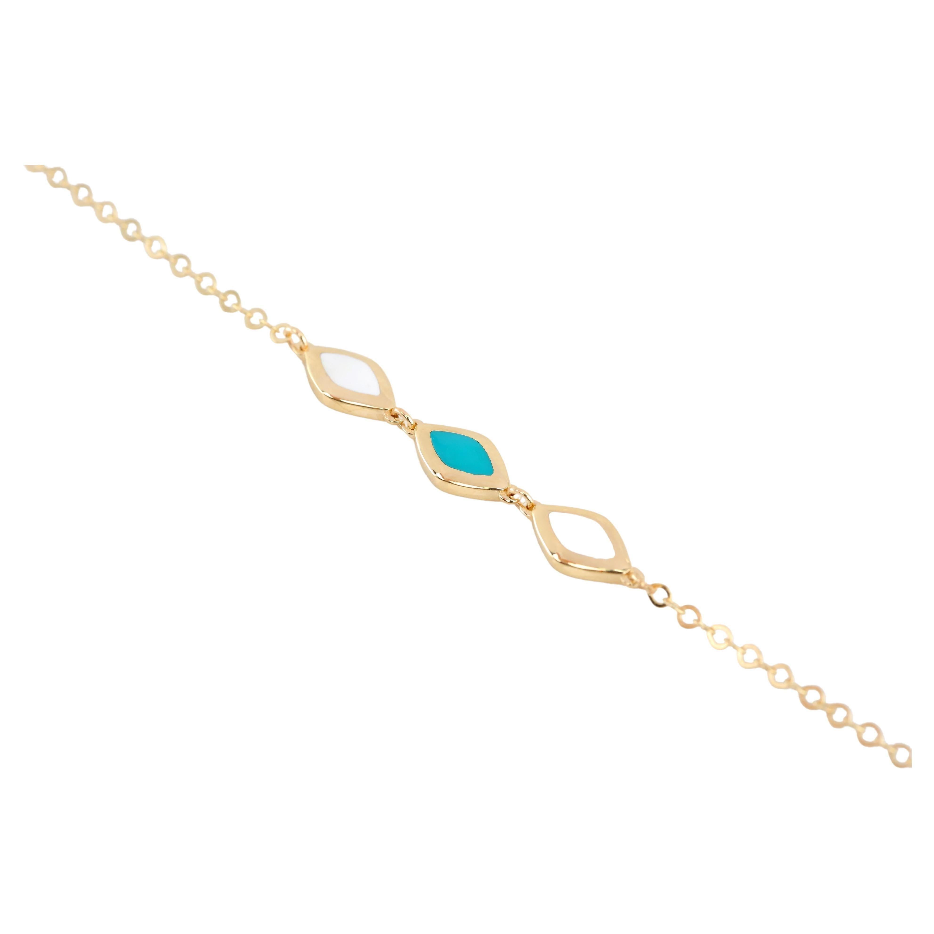 14K Gold Blue and White Enameled Rhombus Dainty Bracelet
