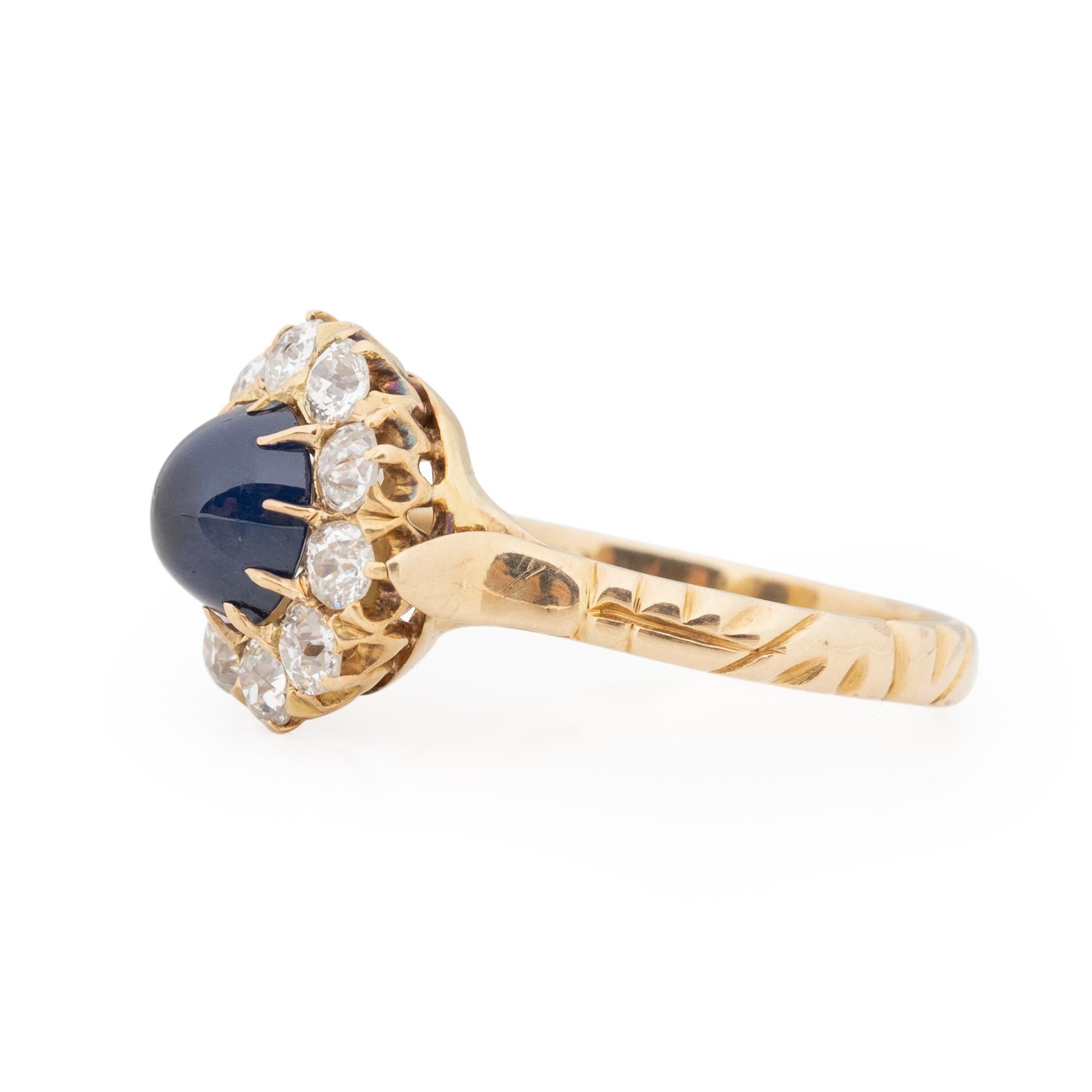 Sugarloaf Cabochon 14K Gold Blue Cambodian Cab Sapphire Diamond Halo Solitaire Ring 