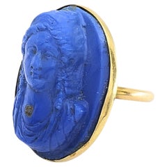 Anillo Retrato Clásico Cameo Tallado Azul Oro 14k